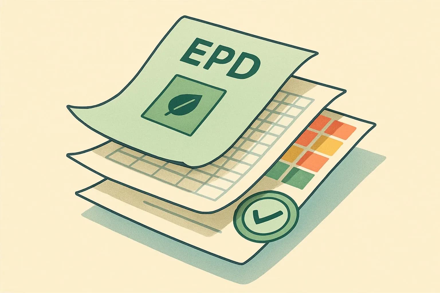A layered illustration of an EPD document peeled back like an onion, revealing the cover page, LCI tables, LCIA heat-map, and verification seal in successive slices.