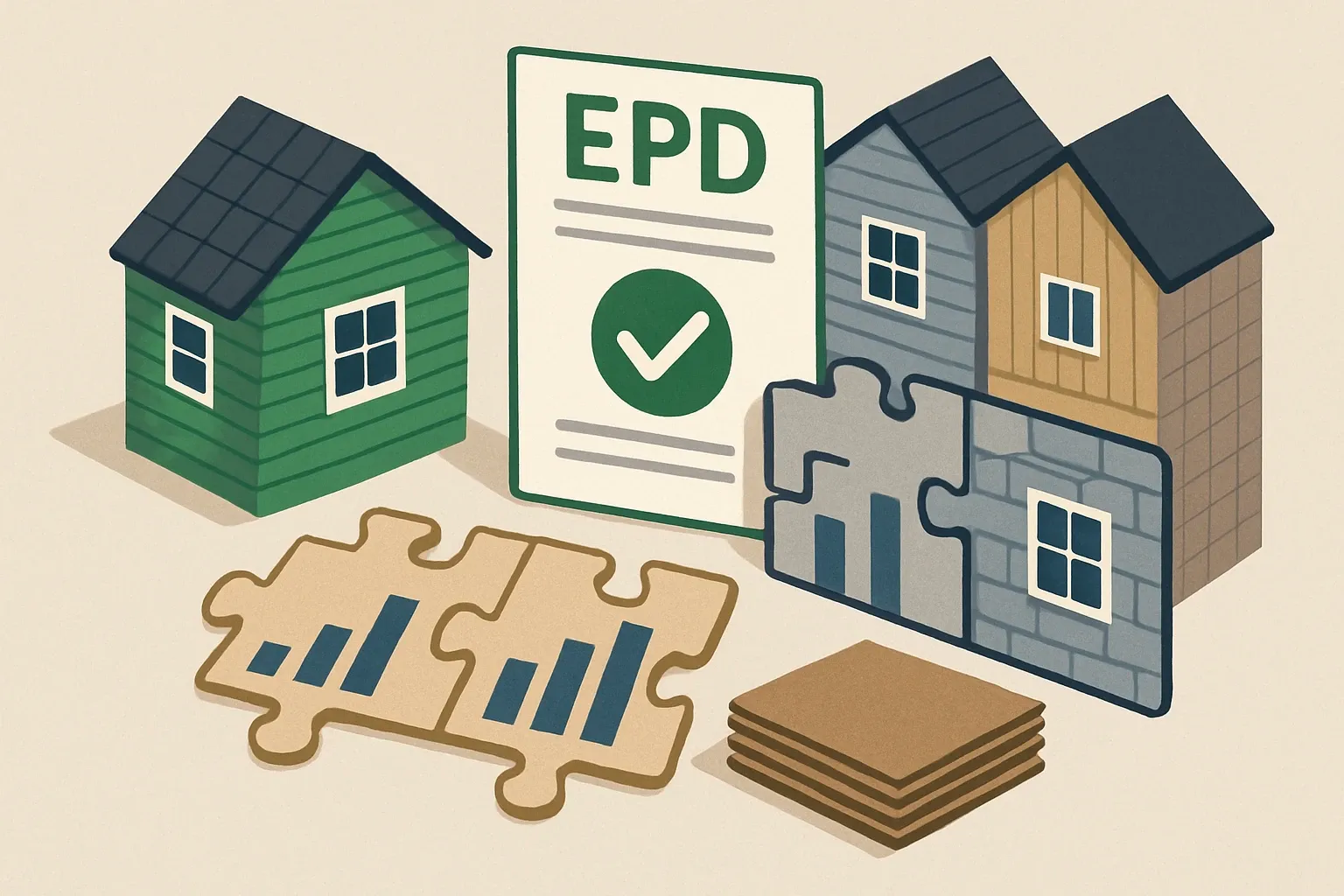 Generate an illustration for an article following this concept:

Hardie in focus: products, rivals, and EPD coverage
James Hardie is practically synonymous with fiber‑cement siding in North America, with an expanding European portfolio through fermacell gypsum fibre boards. For spec‑driven sales, the key question is simple. How deep is their Environmental Product Declaration coverage across those lines, and where does that leave them against Nichiha, LP SmartSide and USG on projects that now expect EPDs as table stakes?

Ensure that you use no text, as this illustration will be used on international translations of the article..

Use an illustrative style (e.g. isometic) and don't generate in a photorealistic style.