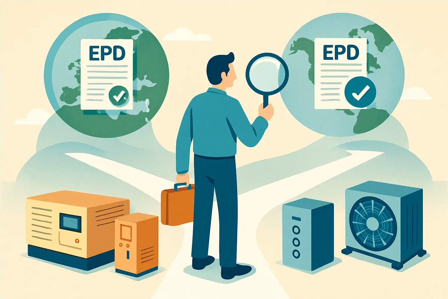 Generate an illustration for an article following this concept:

Pick the Right EPD Operator for Power and MEP
Selling generators, switchgear, UPS, and HVAC into hospitals and data centers means crossing two rulebooks. Europe orbits EN 15804 and country registries. North America cares that the EPD is third‑party verified, built on EN 15804 or ISO 21930, and easy to find where specifiers look. The trick is not a logo on the cover, it is alignment with the correct PCR, a rigorous verifier, and a registry buyers actually search.

Ensure that you use no text, as this illustration will be used on international translations of the article..

Use an illustrative style (e.g. isometic) and don't generate in a photorealistic style.