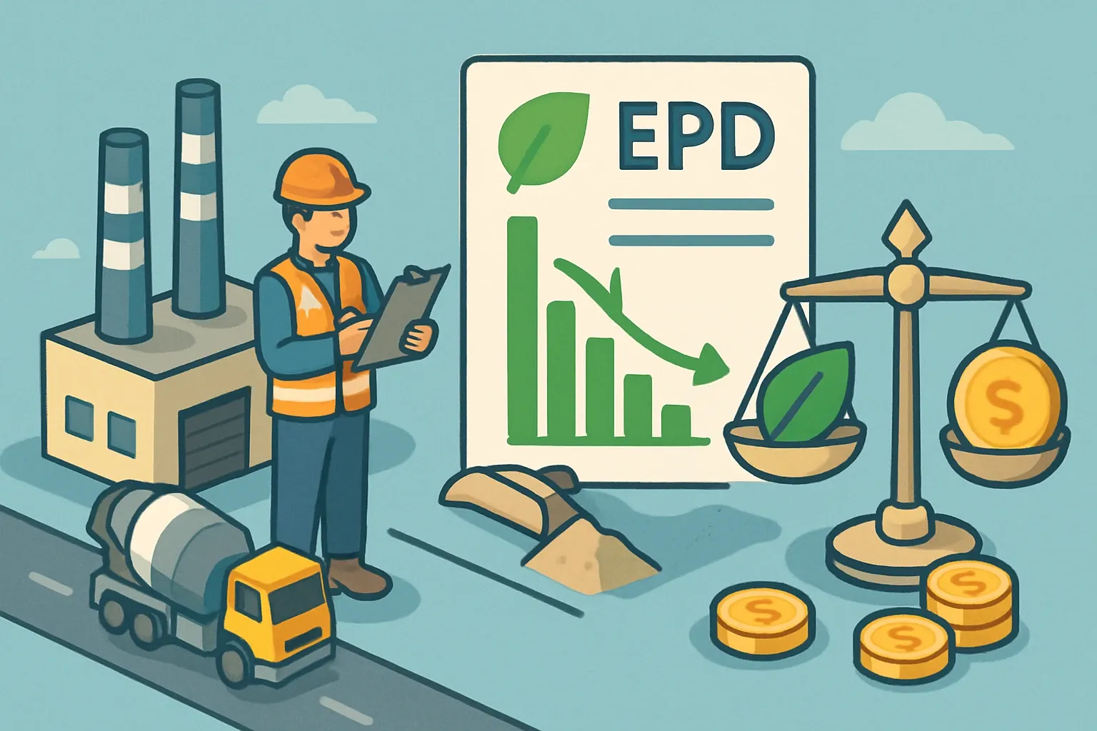 Generate an illustration for an article following this concept:

AB Betong Sweden EPD status and next steps
AB Betong, the small Vimmerby‑based concrete maker behind abbetong.se, sells and installs a broad mix from ready‑mix supply to stamped concrete and microcement. That range plays well locally. The catch is that projects in Sweden increasingly document embodied carbon, and teams prefer products with product‑specific EPDs because generic database values are set conservatively higher. If AB Betong skips EPDs, bids can look heavier than competitors on climate math, even when the mix itself performs well ([Boverket, 2024](https://www.boverket.se/en/start/laws-and-regulations/climate-declaration/climate-database/)).

Ensure that you use no text, as this illustration will be used on international translations of the article..

Use an illustrative style (e.g. isometic) and don't generate in a photorealistic style.