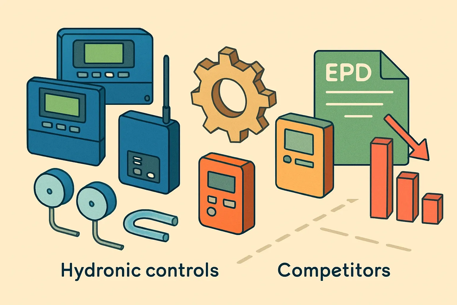 Generate an illustration for an article following this concept:

Tekmar Controls: products, competitors and the EPD gap
Tekmar Control Systems, a Watts brand, is a go‑to in hydronic and steam control. Think smart boiler controls, setpoint and mixing controls, heat pump controllers, snow‑melting, sensors, and Wi‑Fi interfaces. The portfolio spans several product families with dozens of active SKUs. Helpful for engineers, yes. But how well are these controls covered by Environmental Product Declarations, and where might that matter in specs that prize disclosure and embodied‑carbon rigor?

Ensure that you use no text, as this illustration will be used on international translations of the article..

Use an illustrative style (e.g. isometic) and don't generate in a photorealistic style.