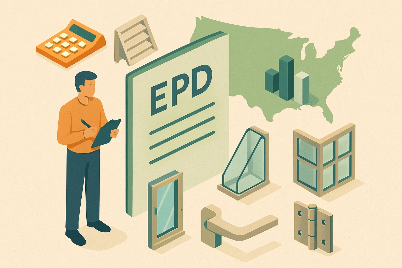 Generate an illustration for an article following this concept:

EPDs for Fenestration Accessories in the US
Planning an EPD for window and door hardware, louvers, glazing accessories, or curtain wall components in 2026? Here is the clearest, data-based read on who is publishing, which rulebooks are used, and where the competitive gaps still sit in the United States.

Ensure that you use no text, as this illustration will be used on international translations of the article..

Use an illustrative style (e.g. isometic) and don't generate in a photorealistic style.
