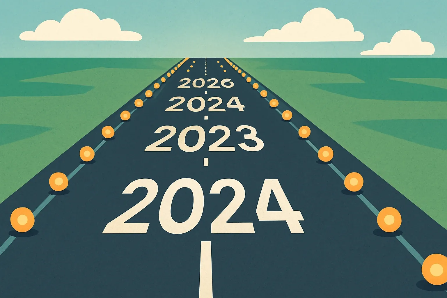 A clean airport runway graphic with dates as runway lights leading from 2024 to 2040, illustrating the phased applicability of the regulation.