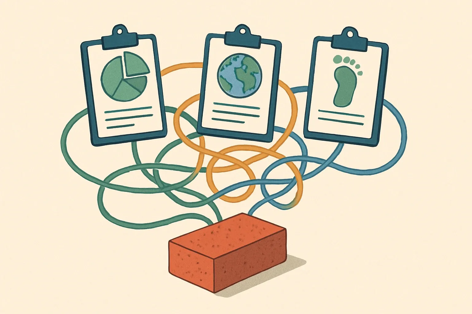 Generate an illustration for an article following this concept:

LCA vs EPD vs PEF, untangled
Same product, three different lenses. If you build materials for buildings, knowing when to run a Life Cycle Assessment, when to publish an Environmental Product Declaration, and when the EU’s Product Environmental Footprint matters can be the difference between a smooth spec win and weeks of clarifications.

Ensure that you use no text, as this illustration will be used on international translations of the article..

Use an illustrative style (e.g. isometic) and don't generate in a photorealistic style.
