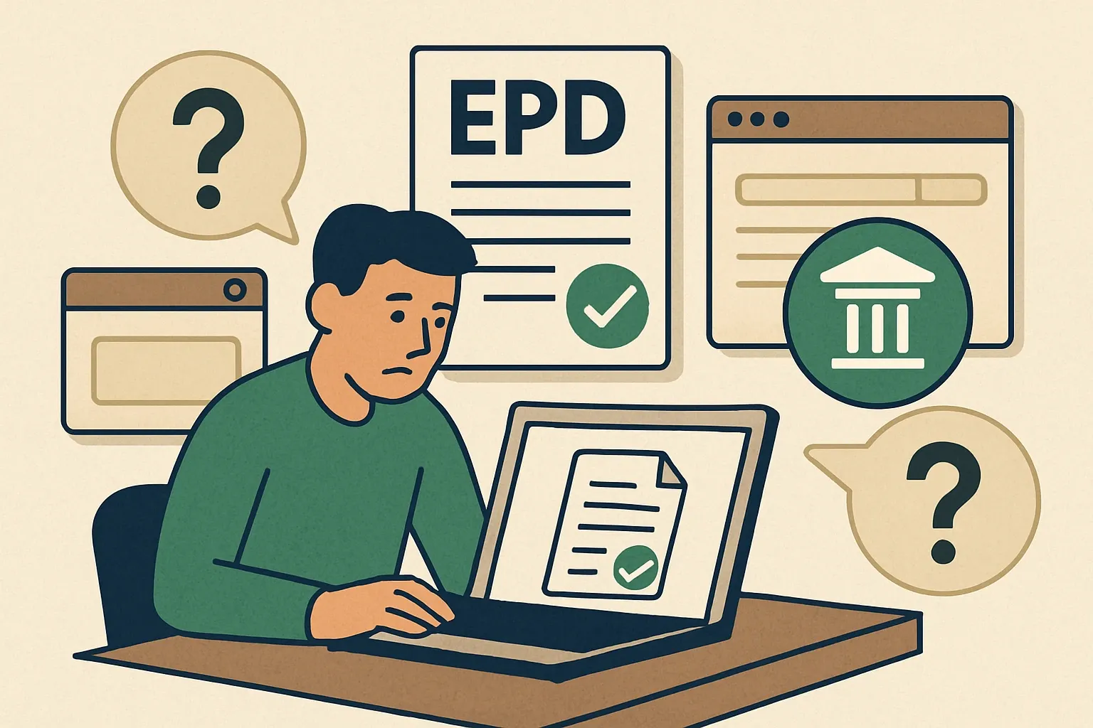 Generate an illustration for an article following this concept:

Why your EPD isn’t showing up where it counts
You did the hard work. Third‑party verified, Type III EPD in hand. Yet specifiers say it isn’t “valid” because they can’t find it in their tools. The gap is rarely the PDF. It’s that the EPD isn’t issued under a visible program operator record, or it isn’t publicly hosted and digitized where design teams actually search. Here is how to make a compliant EPD practically usable so submittal reviewers can verify it in seconds, not days.

Ensure that you use no text, as this illustration will be used on international translations of the article..

Use an illustrative style (e.g. isometic) and don't generate in a photorealistic style.