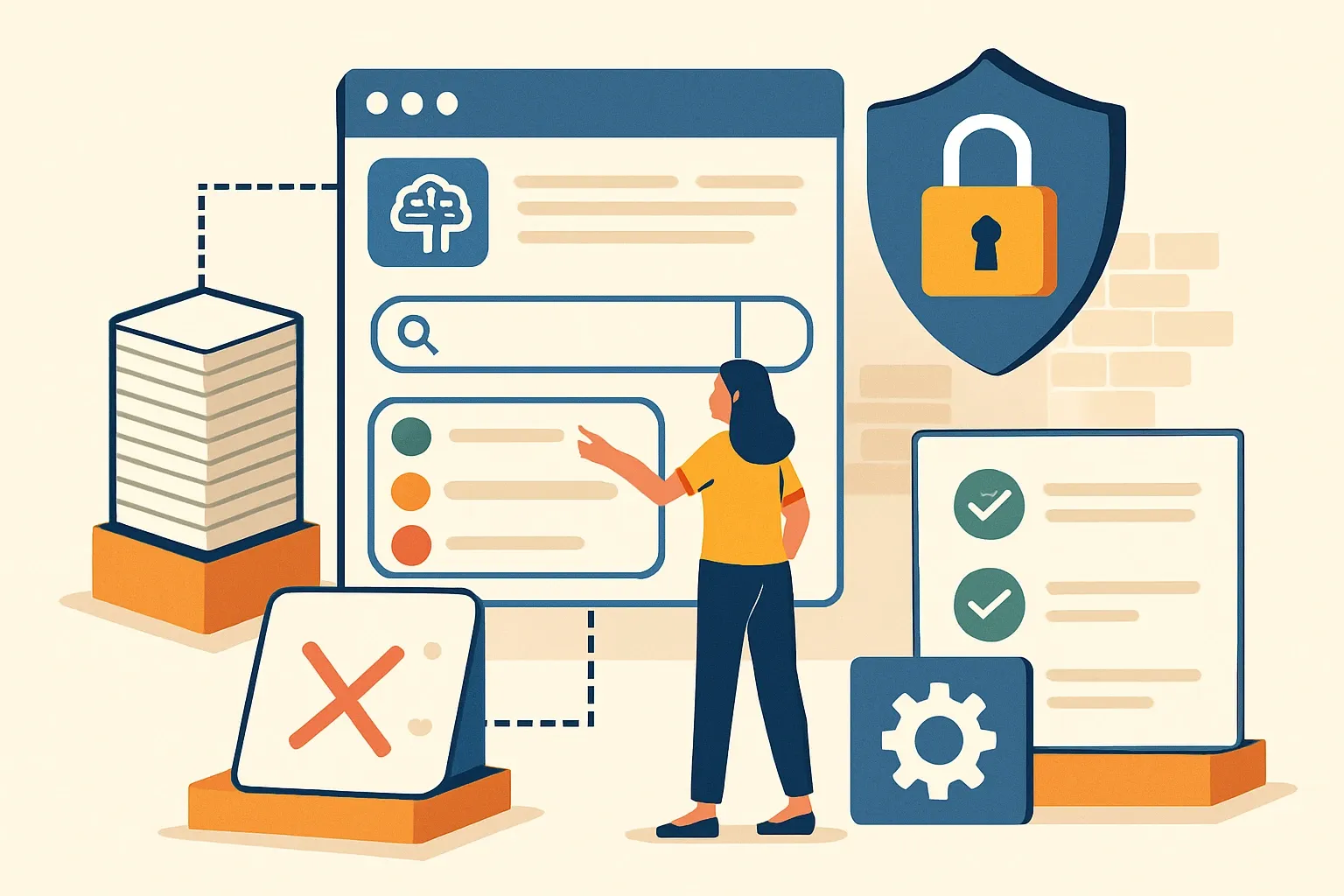 Generate an illustration for an article following this concept:

Governance for AI product knowledge bases
AI search can unlock your sustainability and technical archives, yet one stray answer that mixes confidential test data with customer collateral can derail a bid. Good governance keeps speed without spills. Build controls that let commercial teams work fast while ensuring sensitive pricing, R&D details, and provisional LCA results never leak into sales content.

Ensure that you use no text, as this illustration will be used on international translations of the article..

Use an illustrative style (e.g. isometic) and don't generate in a photorealistic style.