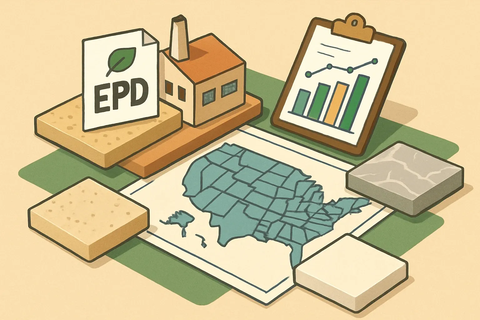 Generate an illustration for an article following this concept:

EPDs for Countertops in the United States: Data guide
Planning countertop, worktop, benchtop, solid surface, or quartz EPDs in 2026? Here’s the full landscape for the United States, distilled for product leaders who need clear signals and fast action.

Ensure that you use no text, as this illustration will be used on international translations of the article..

Use an illustrative style (e.g. isometic) and don't generate in a photorealistic style.