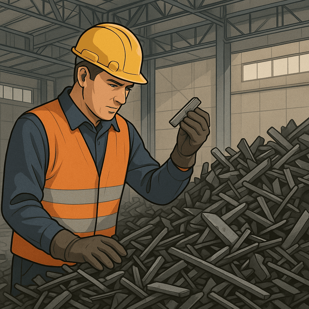 Industrial Worker Inspecting Scrap Metal