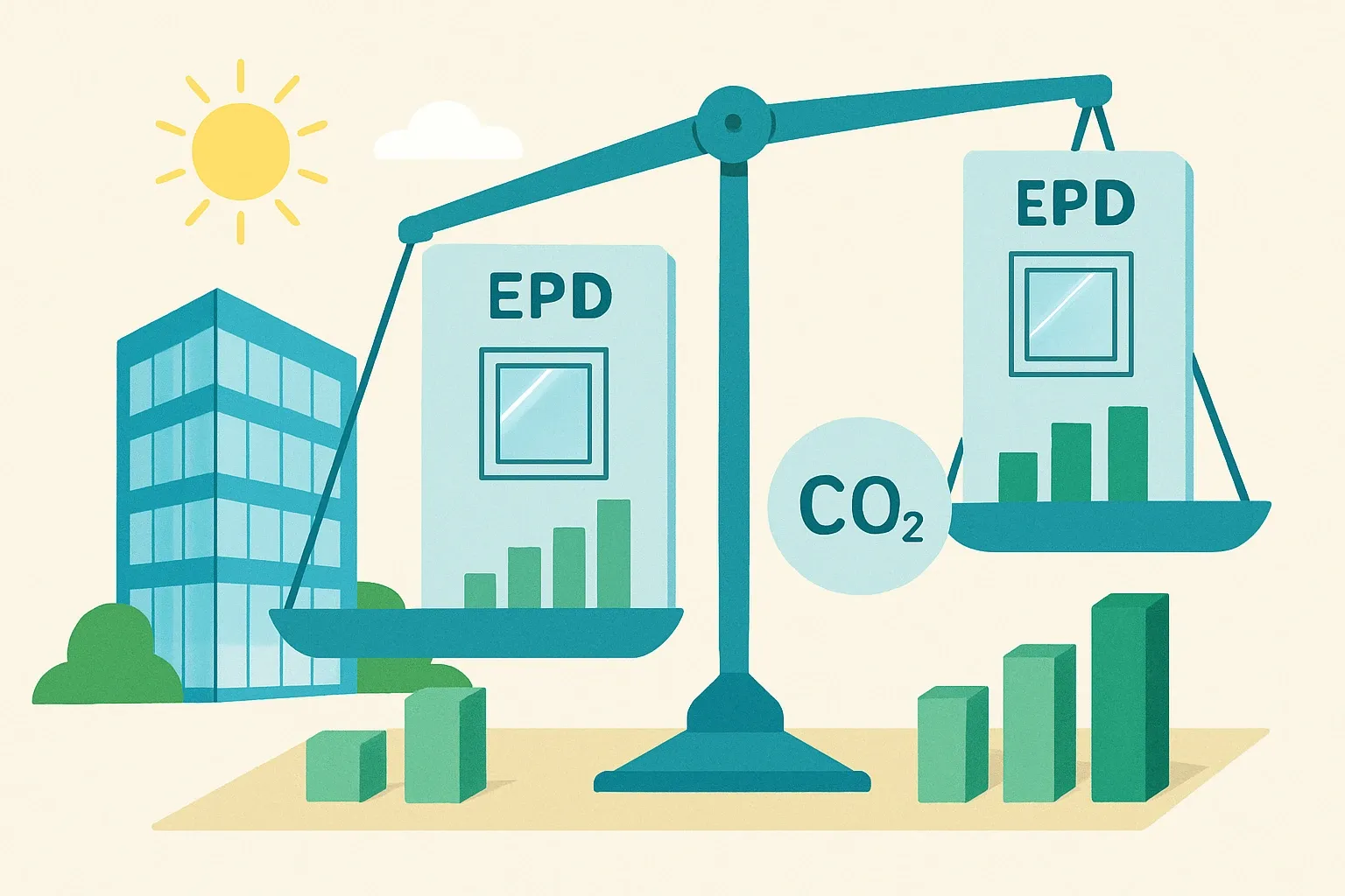 Generate an illustration for an article following this concept:

Glass EPDs: why product‑specific beats industry averages
Glass already helps buildings win on daylight and energy. The quick way to win more specs is to make the carbon math as clear as the product. Here is how product‑specific EPDs lift glass above industry averages and turn sustainability talk into a real sales edge.

Ensure that you use no text, as this illustration will be used on international translations of the article..

Use an illustrative style (e.g. isometic) and don't generate in a photorealistic style.