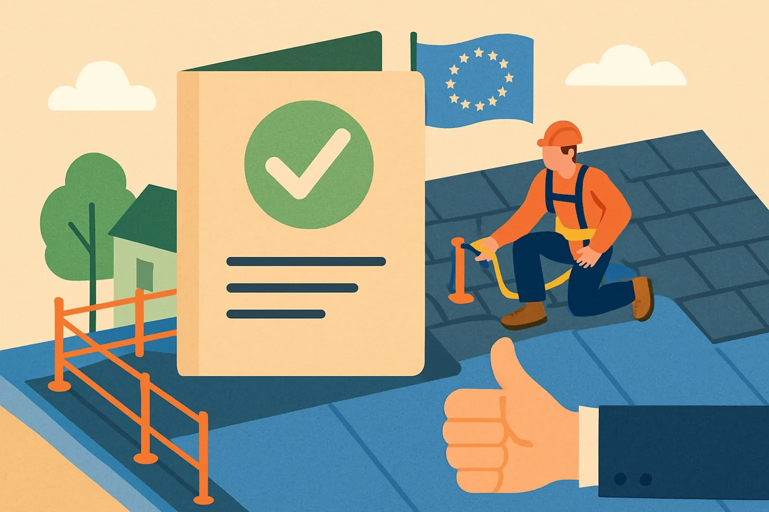 Generate an illustration for an article following this concept:

Congrats Vesivek, first EPD puts roof safety on record
Vesivek has entered the transparency arena with its first Environmental Product Declaration, a portfolio‑style record for core roof safety components. It lands at the right moment for Nordic and EU specs that increasingly expect verified product data and simple submittals that keep projects moving.

Ensure that you use no text, as this illustration will be used on international translations of the article..

Use an illustrative style (e.g. isometic) and don't generate in a photorealistic style.