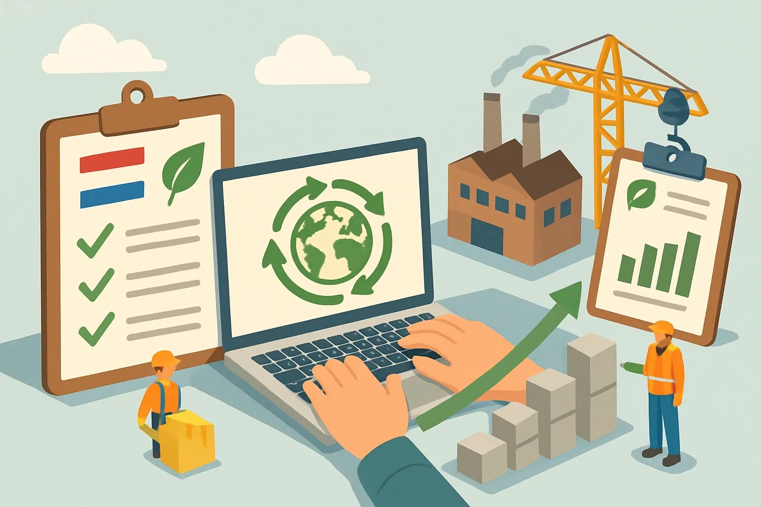 Generate an illustration for an article following this concept:

VSME after CSRD for Manufacturers
Big customers still want credible sustainability data from suppliers, even as CSRD rules shift. VSME gives SMEs a common language to answer those requests quickly, without building a full reporting department. Here is how construction manufacturers can use it to cut admin, align with EPD work, and protect revenue in specs and bids.

Ensure that you use no text, as this illustration will be used on international translations of the article..

Use an illustrative style (e.g. isometic) and don't generate in a photorealistic style.