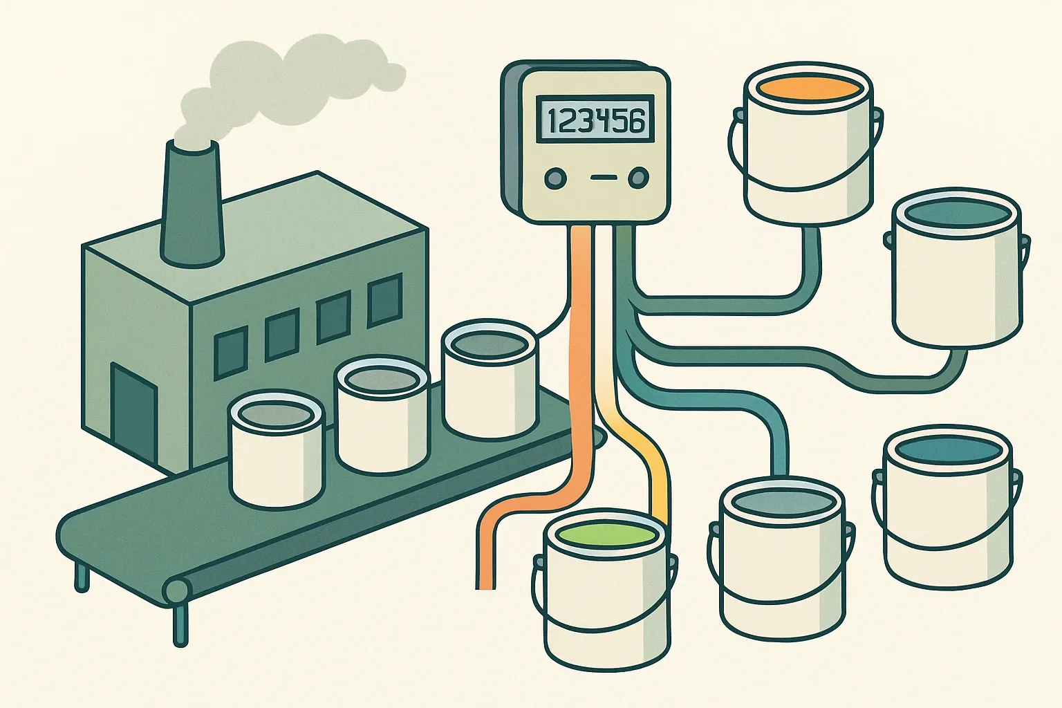 Generate an illustration for an article following this concept:

Allocating shared plant emissions to products in EPDs
One paint line. Five product families. One utility meter. The math feels unfair until allocation rules turn that tangle into an auditable story buyers can trust. Here is how to carve plant‑level energy and VOCs into product‑level numbers without rebuilding your entire metering setup.

Ensure that you use no text, as this illustration will be used on international translations of the article..

Use an illustrative style (e.g. isometic) and don't generate in a photorealistic style.