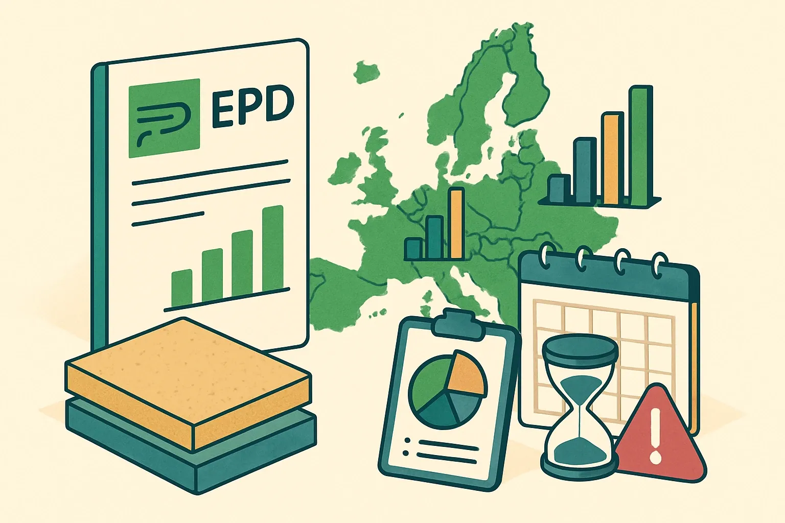 Generate an illustration for an article following this concept:

EPDs for Board in Europe: Ultimate guide
Planning an insulation board or sandwich panel EPD in 2026? Here is the definitive, data-first picture of who is publishing, which program operators dominate, which PCRs competitors use, and where expiries will bite if you wait.

Ensure that you use no text, as this illustration will be used on international translations of the article..

Use an illustrative style (e.g. isometic) and don't generate in a photorealistic style.