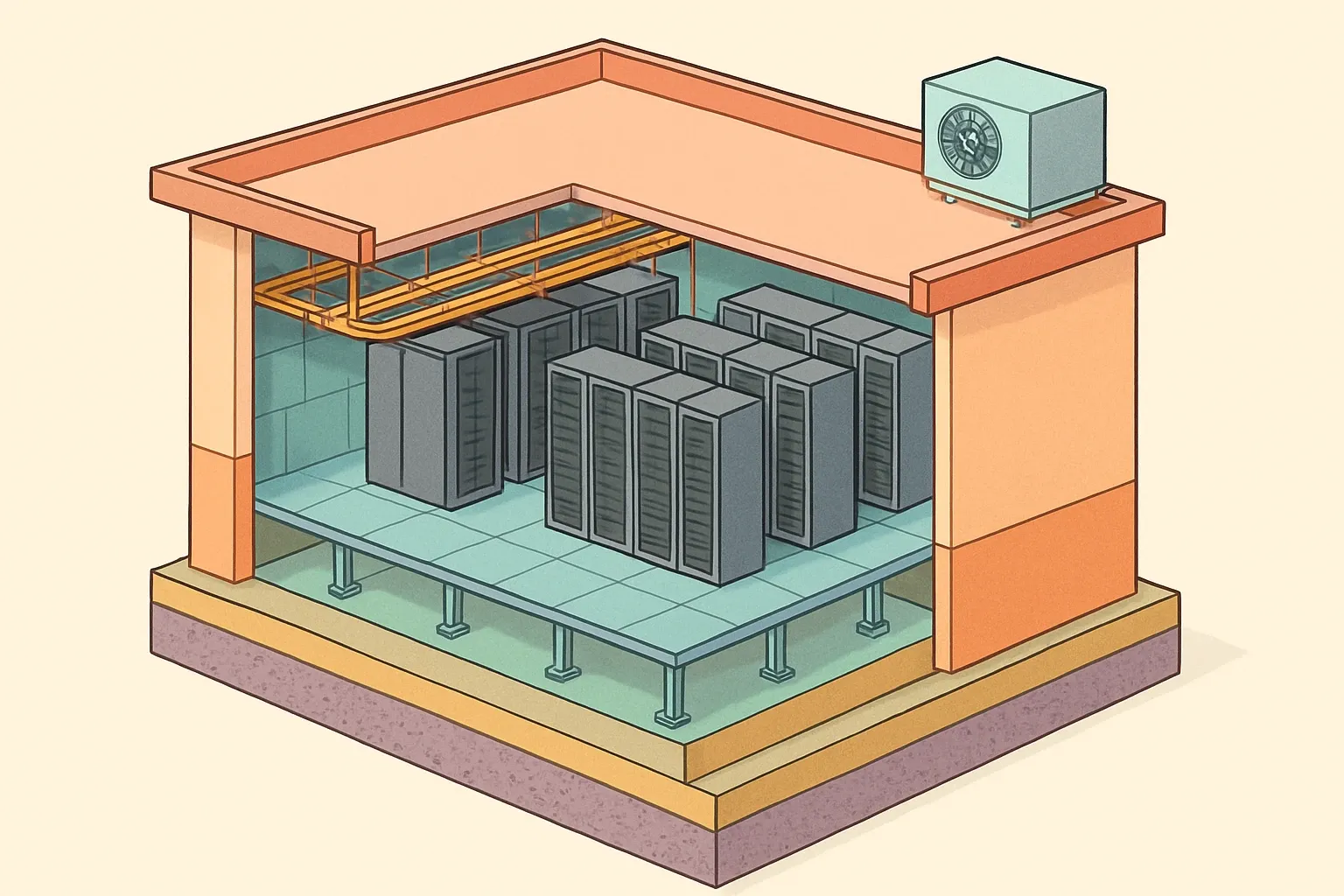 Cutaway of a data hall showing layers of materials with subtle color coding by embodied carbon contribution, from structure and envelope to racks, cable trays, sealants, coatings, and containment.