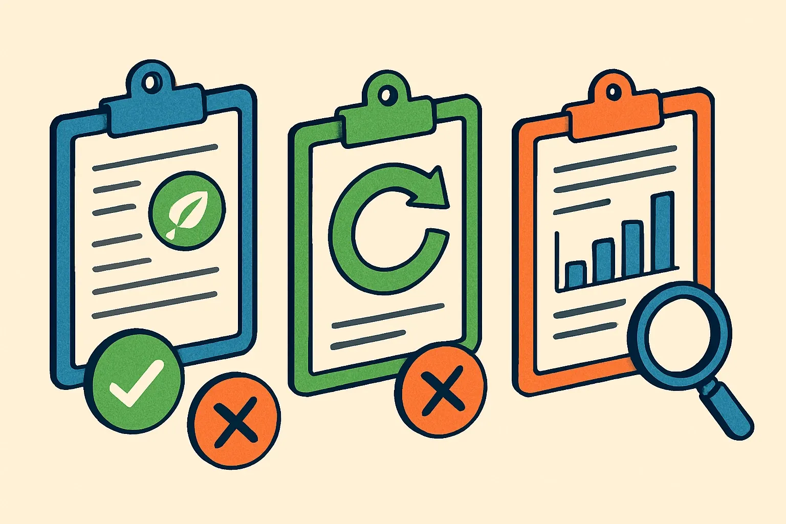 Generate an illustration for an article following this concept:

Type I, II, III Environmental Declarations Explained
If your product team keeps hearing “Type something,” here’s the shortcut. Think of Type I, II, and III as three very different proofs. One is a certified ecolabel, one is a self‑claim, and one is a full data report that can unlock specs. Pick wrong and you might still feel busy, but you wont move the needle in bids.

Ensure that you use no text, as this illustration will be used on international translations of the article..

Use an illustrative style (e.g. isometic) and don't generate in a photorealistic style.