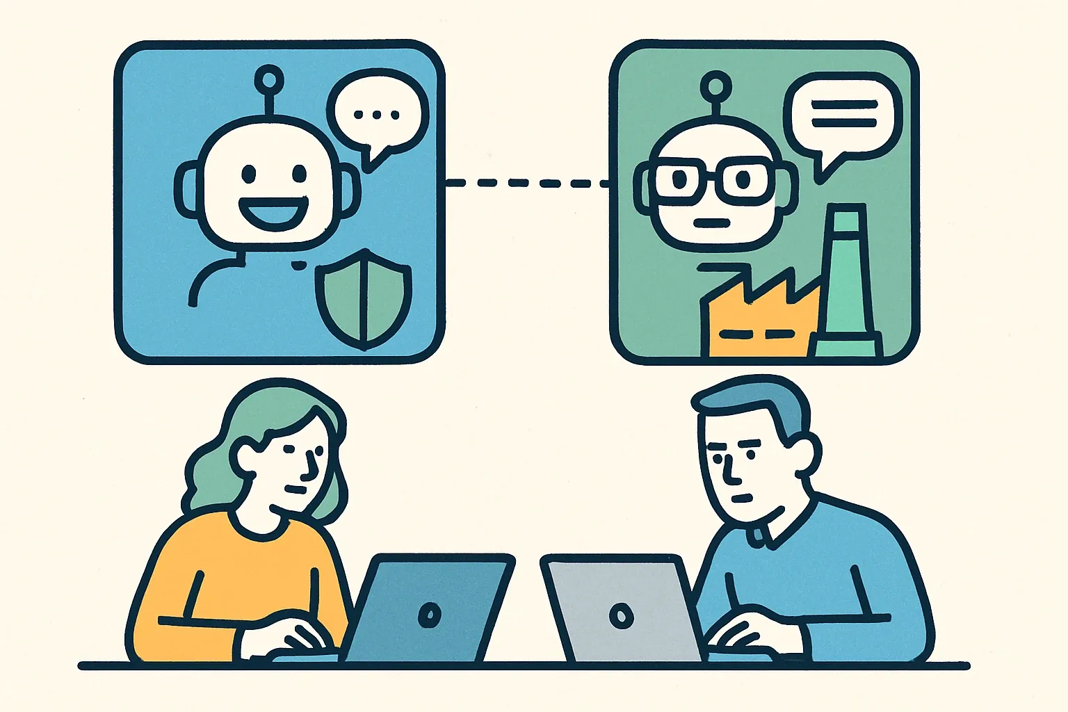 Generate an illustration for an article following this concept:

Do You Need Two AI Tools for EPD Data?
Website chatbots are great at broad, safe answers. Sales and technical teams need something sharper. The moment questions touch test reports, supplier names, PCR selection logic, or substitution advice, a single public bot becomes a liability. The cure is a dual stack. One bot greets the world with marketing‑safe clarity. The other equips insiders with verified lifecycle and compliance detail that moves bids forward without twelve back‑and‑forth emails. If RFQs pile up and experts are stretched thin, this split usually pays for itself fast.

Ensure that you use no text, as this illustration will be used on international translations of the article..

Use an illustrative style (e.g. isometic) and don't generate in a photorealistic style.