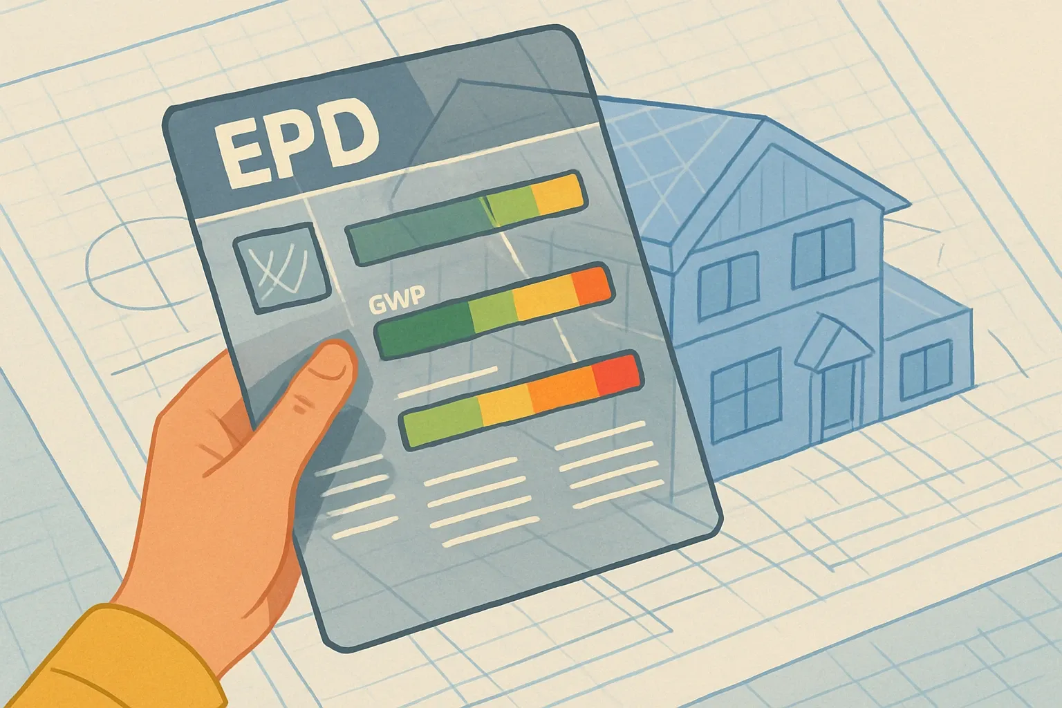 An architect’s hand holding a transparent EPD sheet like an x-ray overlay on a building blueprint, revealing colored bars for GWP and other impacts.