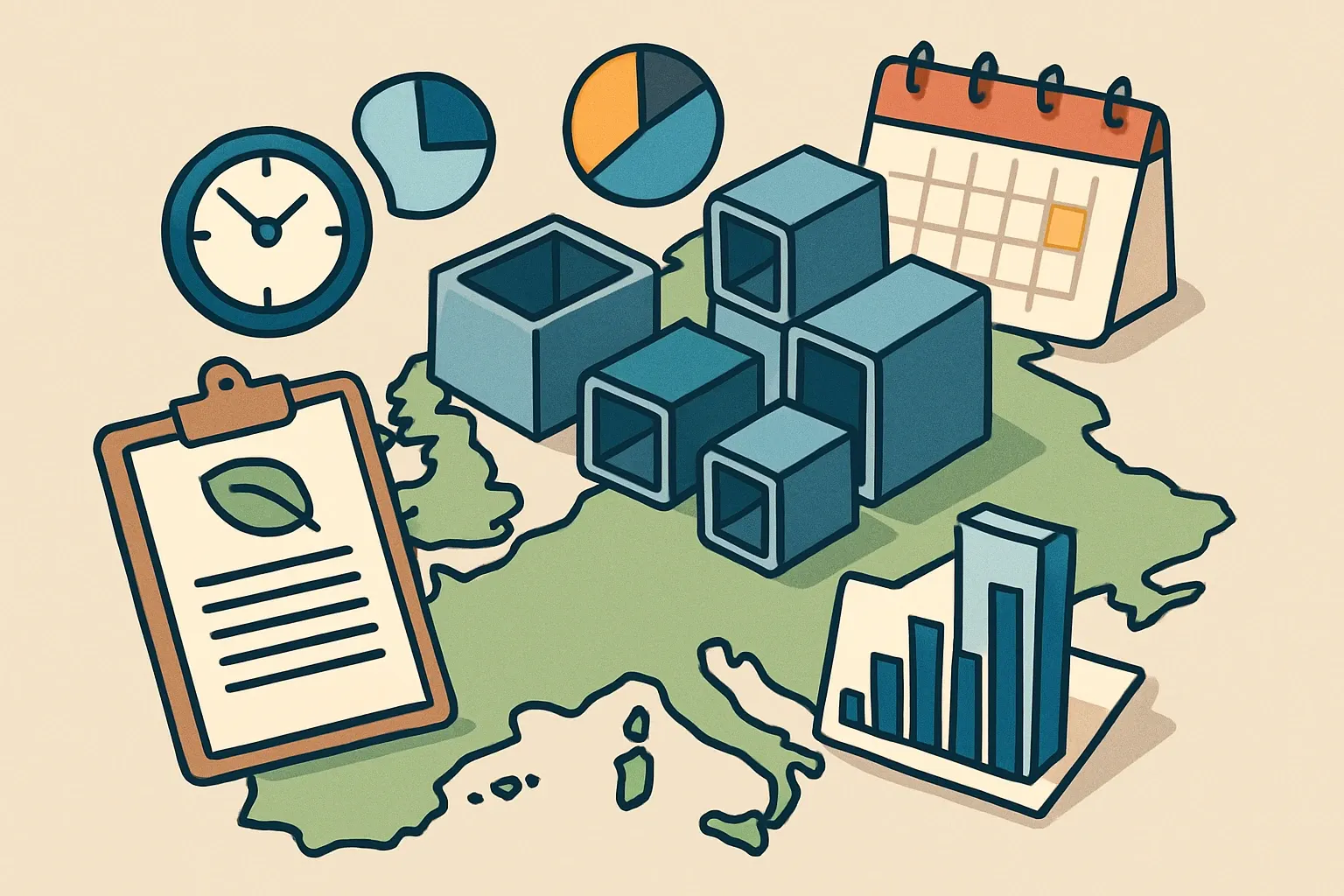 Generate an illustration for an article following this concept:

EPDs for Hollow Sections in Europe, the data guide
Planning a hollow structural section (HSS) or steel box section EPD in 2026? Here’s the market in one place: who’s publishing, which program operators dominate, the PCRs that actually get used, and when renewals hit. Use this to benchmark your roadmap against real activity, not guesswork.

Ensure that you use no text, as this illustration will be used on international translations of the article..

Use an illustrative style (e.g. isometic) and don't generate in a photorealistic style.