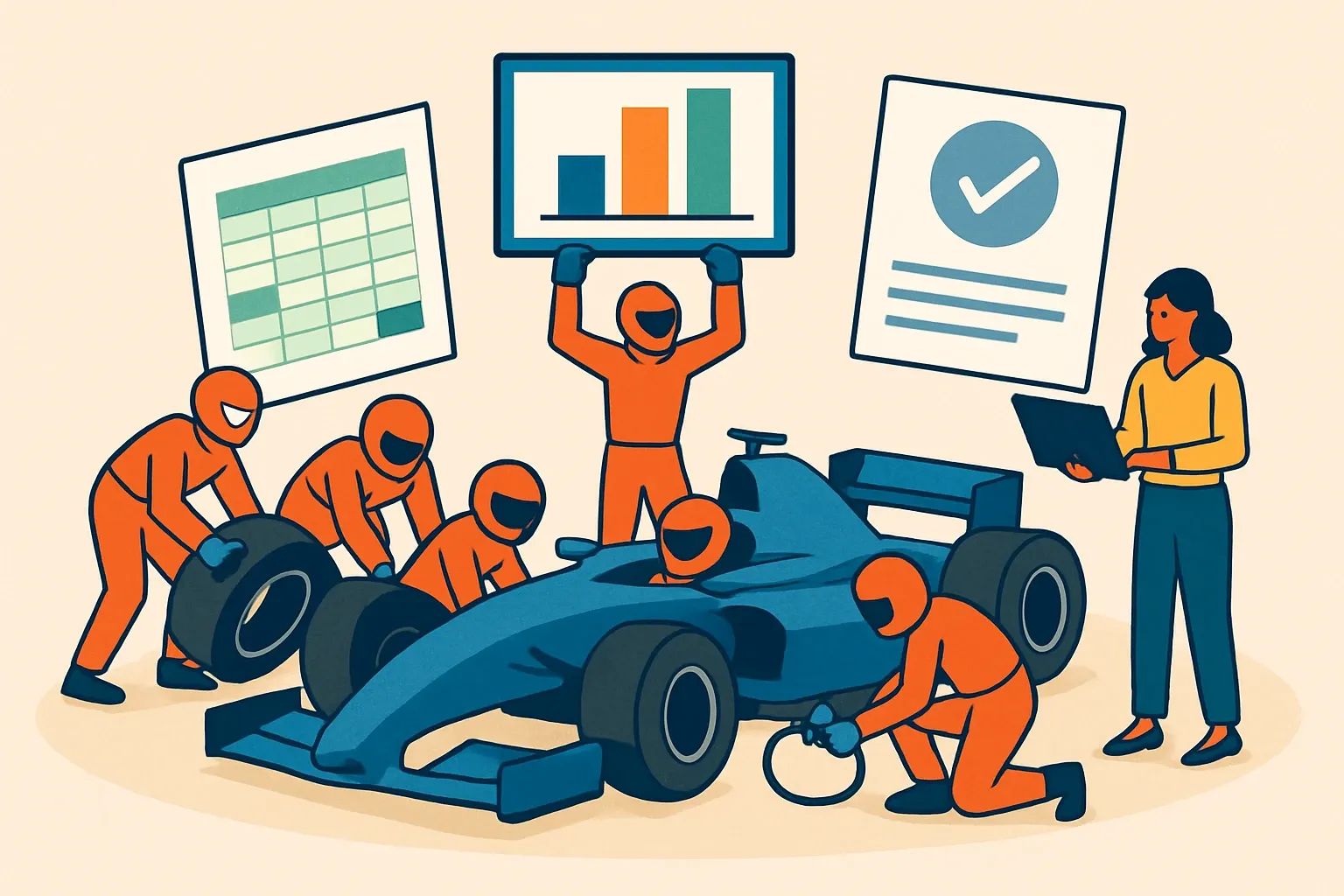 Generate an illustration for an article following this concept:

Turnkey EPD service for 2026
Specs are tightening, sales cycles are shortening, and sustainability paperwork still eats calendar time. A true turnkey EPD service in 2026 should feel like hiring a pit crew. It gets your product from scattered spreadsheets to a published, third‑party verified declaration while your team keeps building the product roadmap.

Ensure that you use no text, as this illustration will be used on international translations of the article..

Use an illustrative style (e.g. isometic) and don't generate in a photorealistic style.
