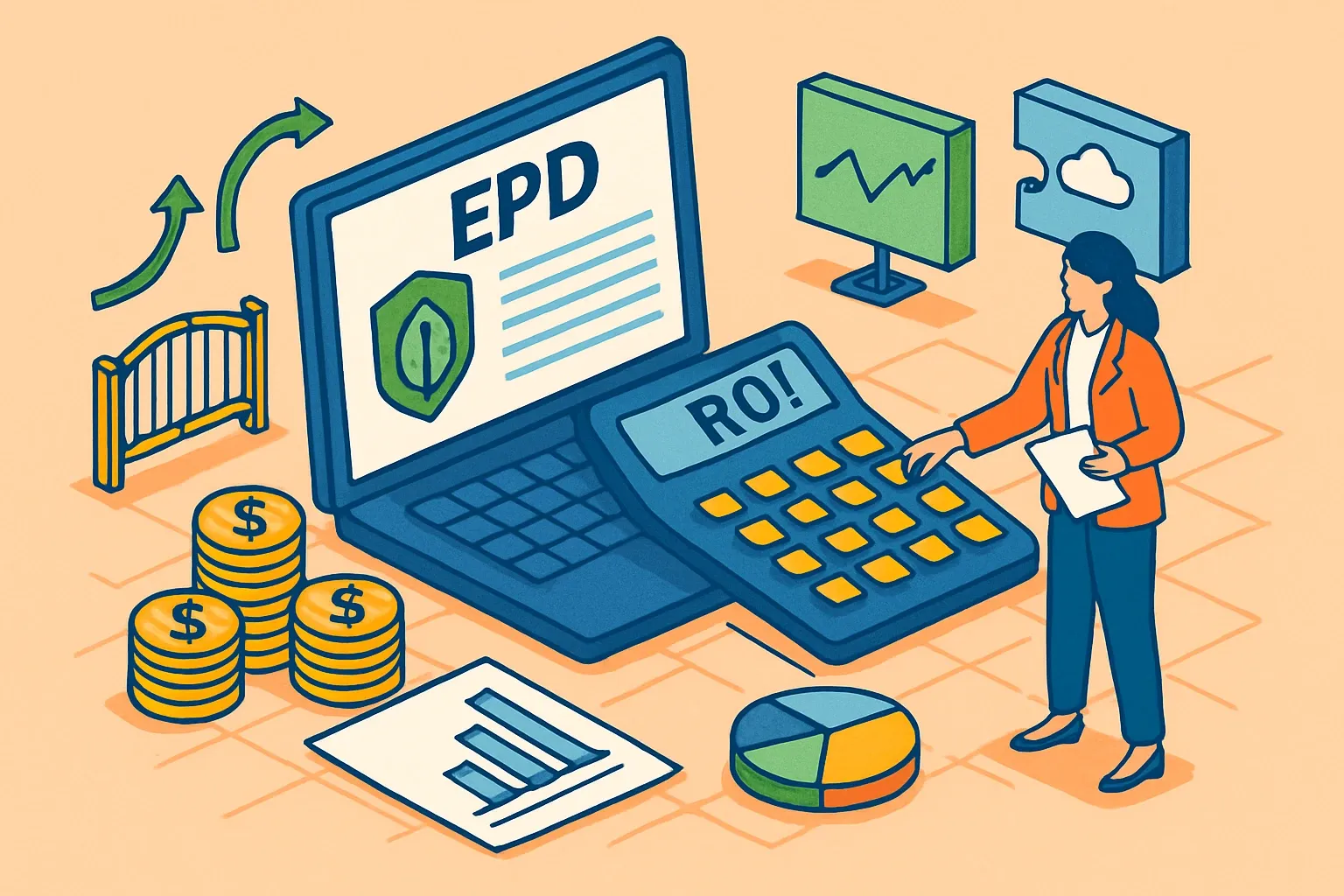 Generate an illustration for an article following this concept:

Beginner’s Guide to EPD ROI
An EPD can unlock bids you never even see and shield margin when carbon rules tighten. The stumbling block is proving the math before the next spec cycle closes. Use this quick calcualtor framework to turn what feels like a sustainability expense into a revenue decision you can defend.

Ensure that you use no text, as this illustration will be used on international translations of the article..

Use an illustrative style (e.g. isometic) and don't generate in a photorealistic style.