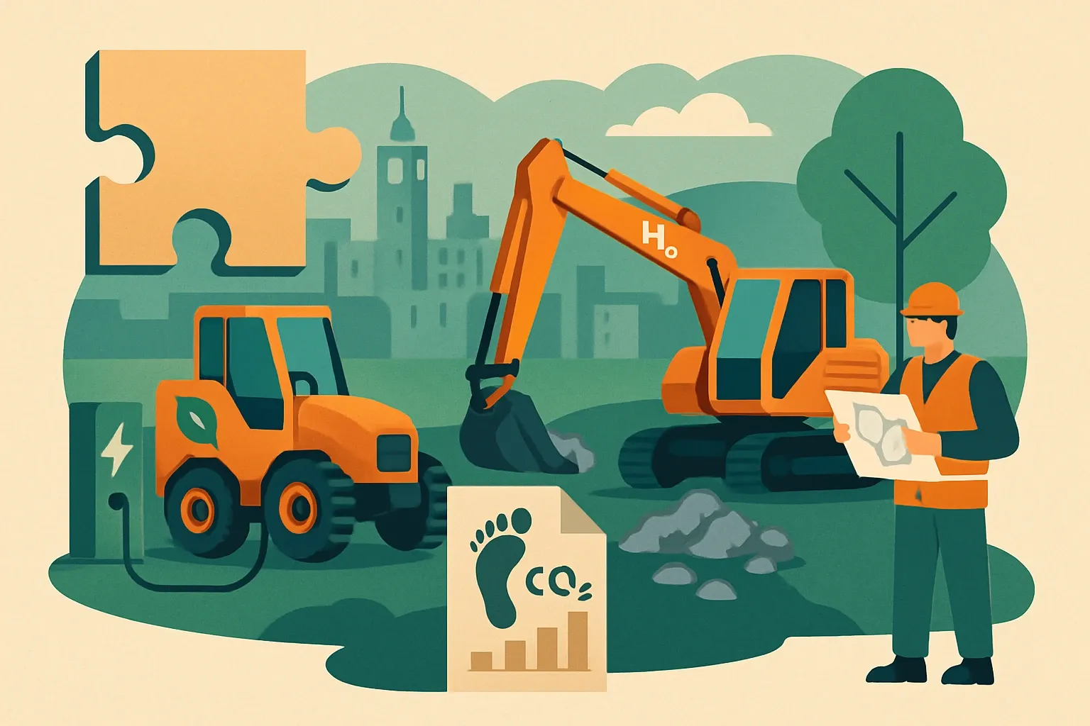 Generate an illustration for an article following this concept:

Oslo’s C40 Clean Construction, decoded
If Oslo is in your spec pipeline, clean construction rules are no longer theory. They affect how machinery runs on site and how materials document embodied carbon. Here’s what manufacturers need to know to stay preferred in bids across Norway.

Ensure that you use no text, as this illustration will be used on international translations of the article..

Use an illustrative style (e.g. isometic) and don't generate in a photorealistic style.