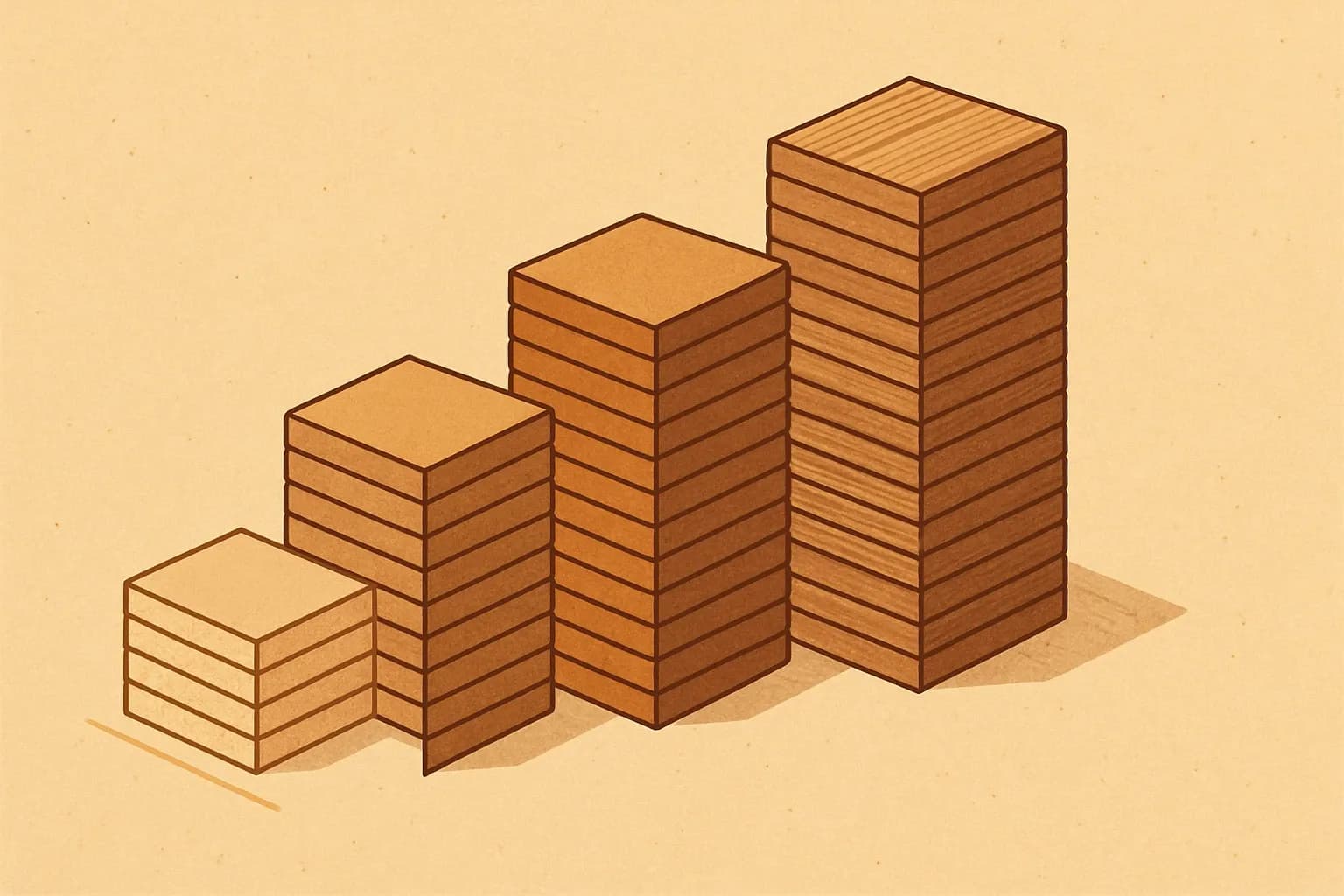 Stacks of wood‑based panels arranged as a bar chart showing coverage: tall bars for MDF/HDF/OSB/laminate flooring with a lighter outline for PB/MFC indicating the opportunity gap.