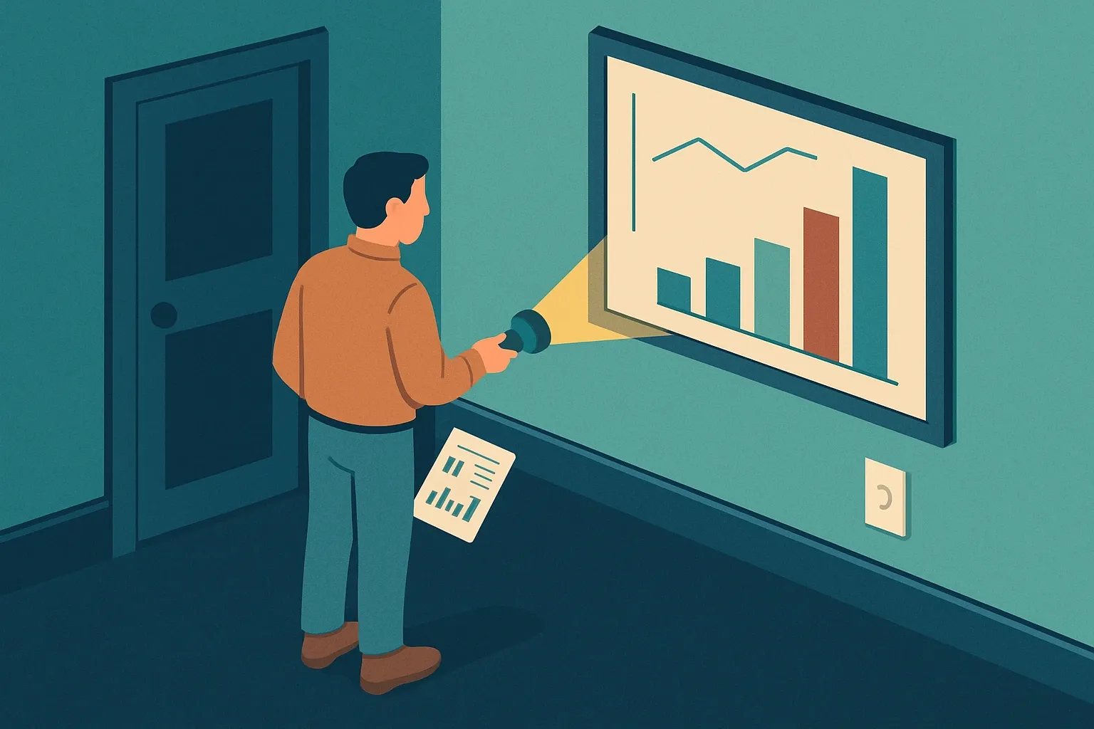 Generate an illustration for an article following this concept:

EPDs for Wall Base in the United States, data guide
Planning a wall base Environmental Product Declaration in 2026 can feel like hunting for a light switch in a dark room. This guide flips the lights on, with current counts, which program operators are used most, how PCR choices shake out, and where expiries cluster. All figures below reflect the United States market for wall base products, sometimes called vinyl base, rubber cove base, or resilient wall base.

Ensure that you use no text, as this illustration will be used on international translations of the article..

Use an illustrative style (e.g. isometic) and don't generate in a photorealistic style.