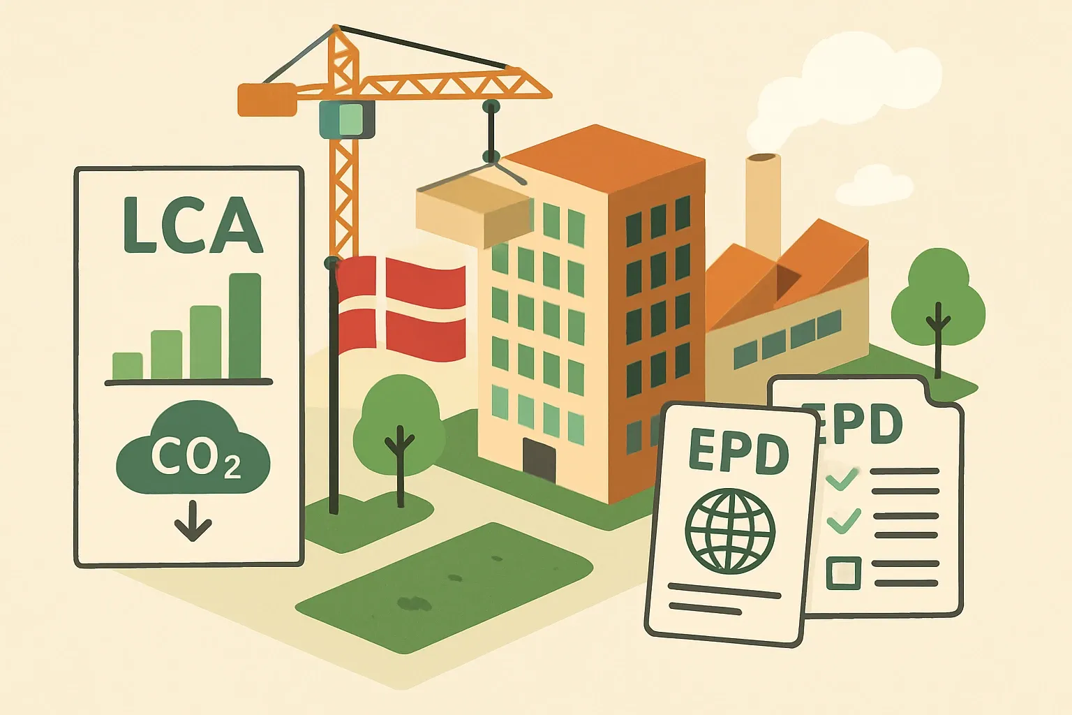 Generate an illustration for an article following this concept:

Denmark’s Building LCA Rule Resets EPD Brief
Denmark’s national whole‑life carbon rule is now business as usual for Nordic projects. New buildings over 1,000 m² must prove 12 kg CO2e per m² per year, and from July 1, 2025 the construction phase has its own 1.5 kg cap. Developers are standardizing building LCAs early, which moves the pressure to product‑level data. Manufacturers that arrive with Denmark‑ready EPDs get shortlisted faster and avoid generic penalties that can blow the carbon budget (SBST, 2023) ([BR18, 2025](https://www.bygningsreglementet.dk/tekniske-bestemmelser/11/brv/bygningers-klimapaavirkning-1-juli-2025/kap-1_2/)).

Ensure that you use no text, as this illustration will be used on international translations of the article..

Use an illustrative style (e.g. isometic) and don't generate in a photorealistic style.