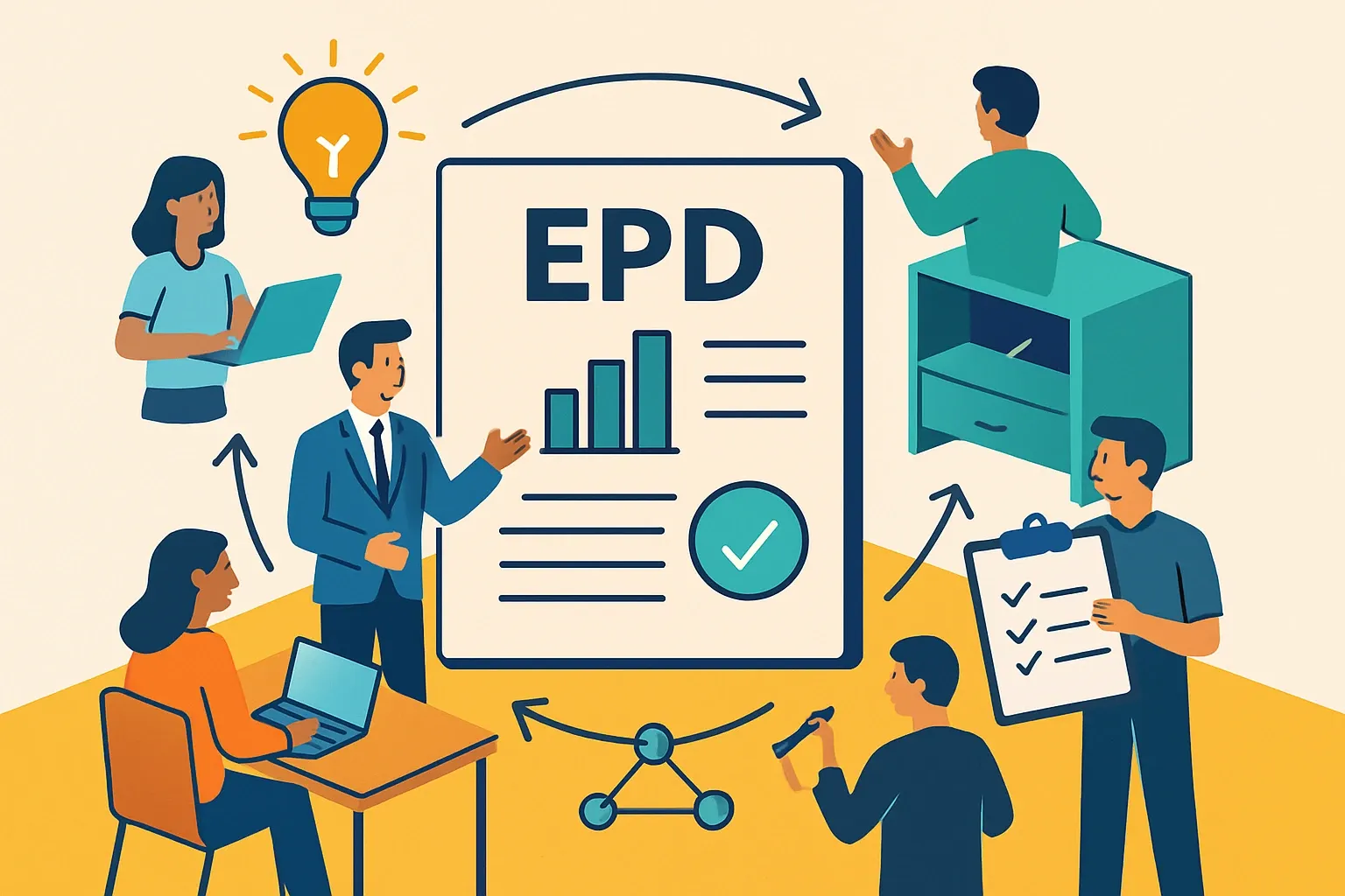 Generate an illustration for an article following this concept:

EPD published. Now what? Your first 90 days
Publishing an EPD or HPD is the starting pistol, not the finish line. The costly mistake is no internal adoption motion after publication. In the first 90 days, commercial teams can turn a static PDF into a revenue tool that wins specs and shortens submittals. Treat the EPD like a new product feature and launch it internally with the same energy. Sales needs talk tracks. Marketing needs web updates. Ops needs escalation rules. Do this well and the EPD shows up in deals, not just on a server.

Ensure that you use no text, as this illustration will be used on international translations of the article..

Use an illustrative style (e.g. isometic) and don't generate in a photorealistic style.