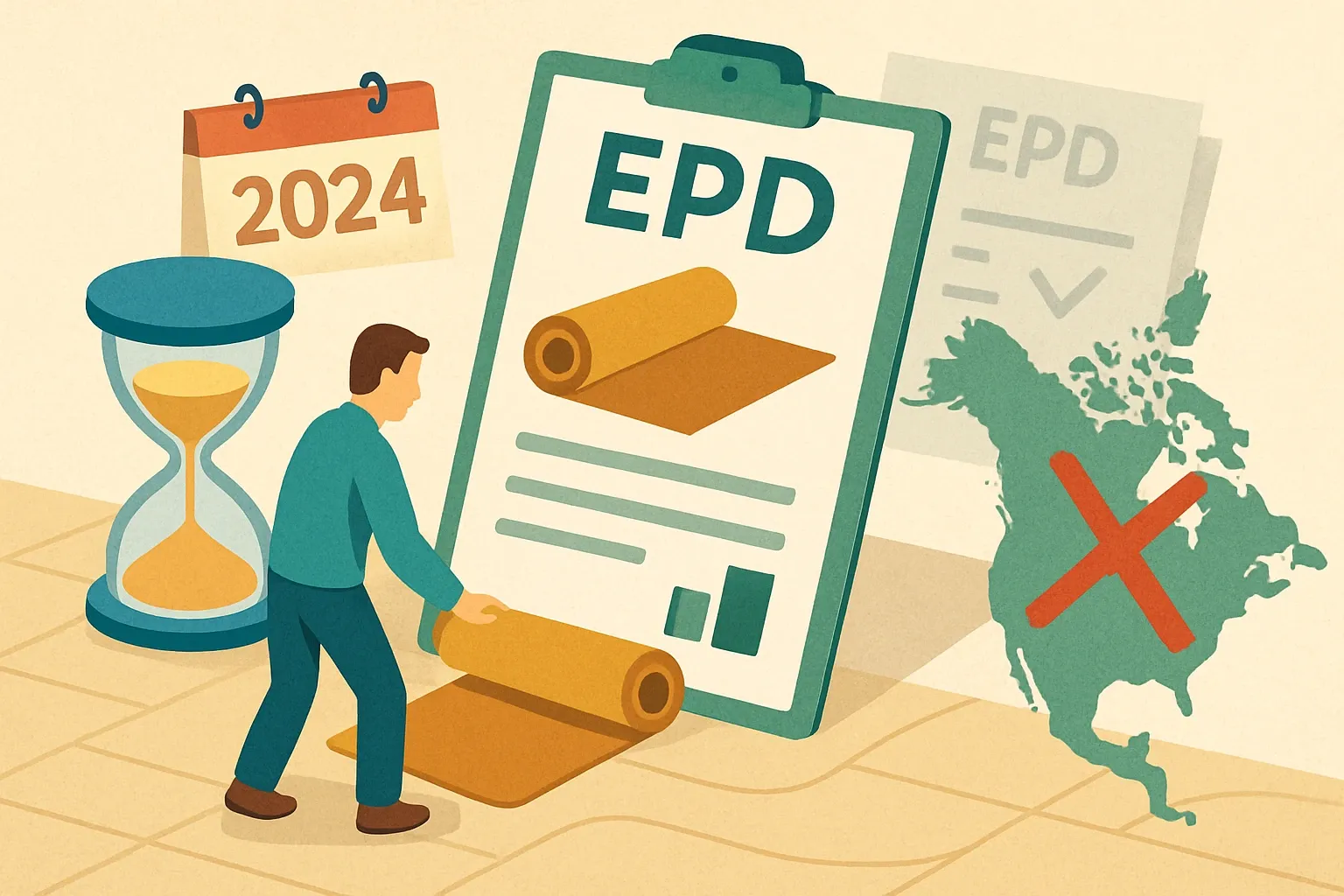 Generate an illustration for an article following this concept:

Is there an industry‑wide EPD for linoleum?
Short answer for those hunting a sector average EPD for linoleum flooring: Europe had one led by ERFMI, but it expired in 2024. North America has none today. If linoleum is on the spec, product‑specific EPDs are the sure path to credible, lower carbon numbers and fewer penalties in whole‑building LCAs.

Ensure that you use no text, as this illustration will be used on international translations of the article..

Use an illustrative style (e.g. isometic) and don't generate in a photorealistic style.