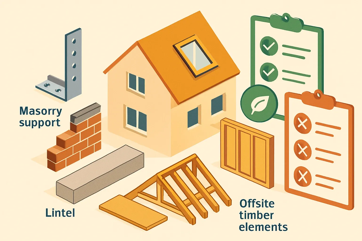 Generate an illustration for an article following this concept:

Keystone Group: products and EPD coverage snapshot
Keystone Group is a house of specialist brands. If a project needs roof windows, lintels, masonry support or offsite timber elements, they probably have a SKU. The question specifiers ask today is simple: which of these ranges come with third‑party EPDs and where are the gaps that can slow a bid or knock a product out of contention?

Ensure that you use no text, as this illustration will be used on international translations of the article..

Use an illustrative style (e.g. isometic) and don't generate in a photorealistic style.