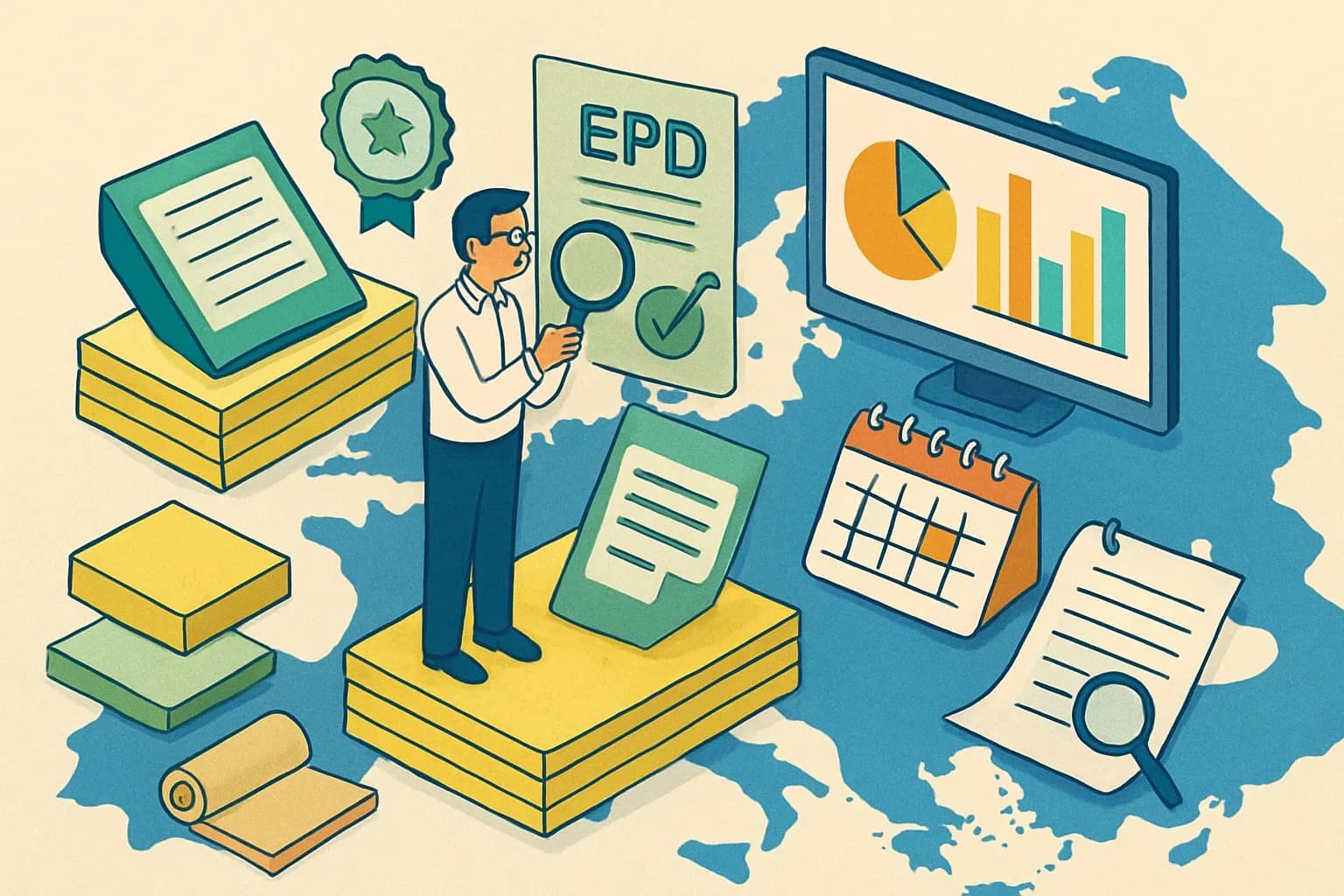 Generate an illustration for an article following this concept:

Insulation EPDs in Europe, the ultimate data guide
If you make thermal insulation, mineral wool, PIR or EPS boards in Europe, this 2026 snapshot shows exactly where the EPD market stands. We unpack who is publishing, which PCRs dominate, where expiries cluster, and how service providers shape the landscape so you can plan your next declaration with confidence.

Ensure that you use no text, as this illustration will be used on international translations of the article..

Use an illustrative style (e.g. isometic) and don't generate in a photorealistic style.