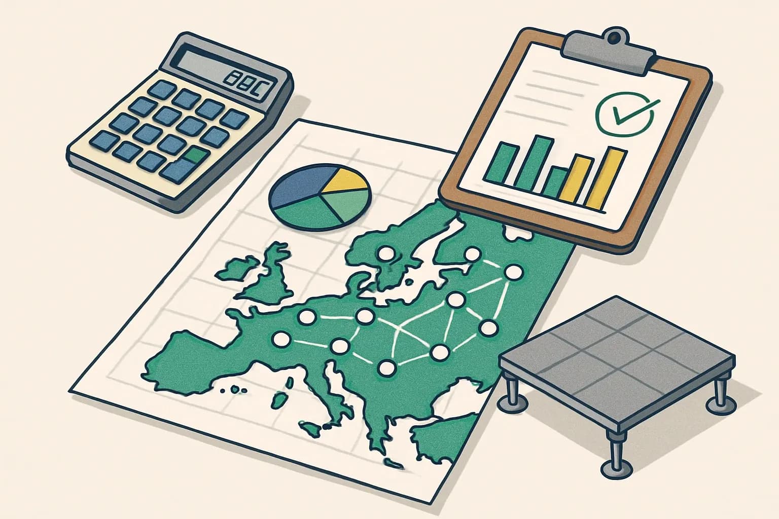 Generate an illustration for an article following this concept:

Raised Access Flooring EPDs in Europe, data guide
Planning an EPD for access flooring in 2026 and want the full picture for Europe? Here is the definitive, numbers‑backed view of who is publishing, which program operators and PCRs are used, and where expiries cluster so you can time renewals and new launches with confidence.

Ensure that you use no text, as this illustration will be used on international translations of the article..

Use an illustrative style (e.g. isometic) and don't generate in a photorealistic style.