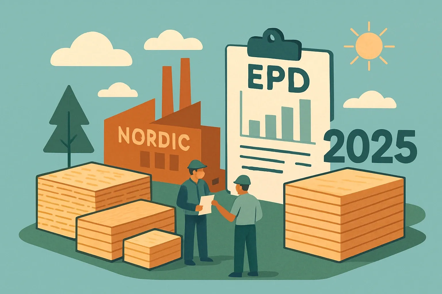 Generate an illustration for an article following this concept:

Nordic EWP products and EPD coverage in 2025
Mass timber keeps winning specs, but only when the paperwork keeps pace. Here’s a quick, practical look at Nordic Structures, the product lines behind nordicewp.com, and how well those lines are backed by Environmental Product Declarations right now.

Ensure that you use no text, as this illustration will be used on international translations of the article..

Use an illustrative style (e.g. isometic) and don't generate in a photorealistic style.