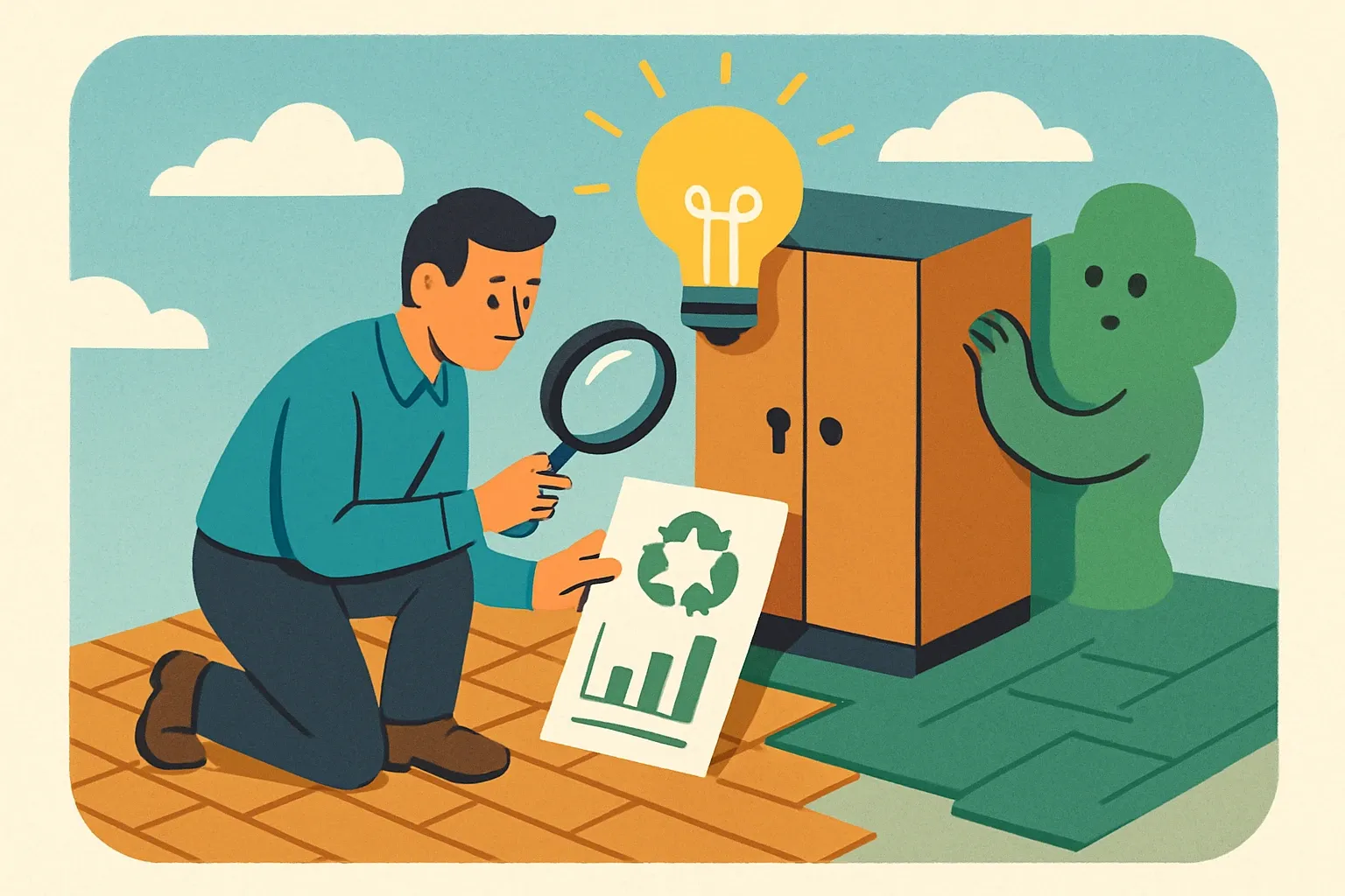 Generate an illustration for an article following this concept:

Innovation Hides When Sustainability Data Stays Hidden
Flooring is packed with real advances in performance, durability, and circularity. Yet specifiers often miss them because the proof sits out of sight. In a recent study, flooring ranked 5th out of 7 product categories for perceived innovation, a lag that hurts brand preference and shortlists (Parq, 2026). The fix is not more slogans. It is faster, clearer exposure of EPDs and technical documentation so architects can verify claims in seconds and move forward with confidence.

Ensure that you use no text, as this illustration will be used on international translations of the article..

Use an illustrative style (e.g. isometic) and don't generate in a photorealistic style.