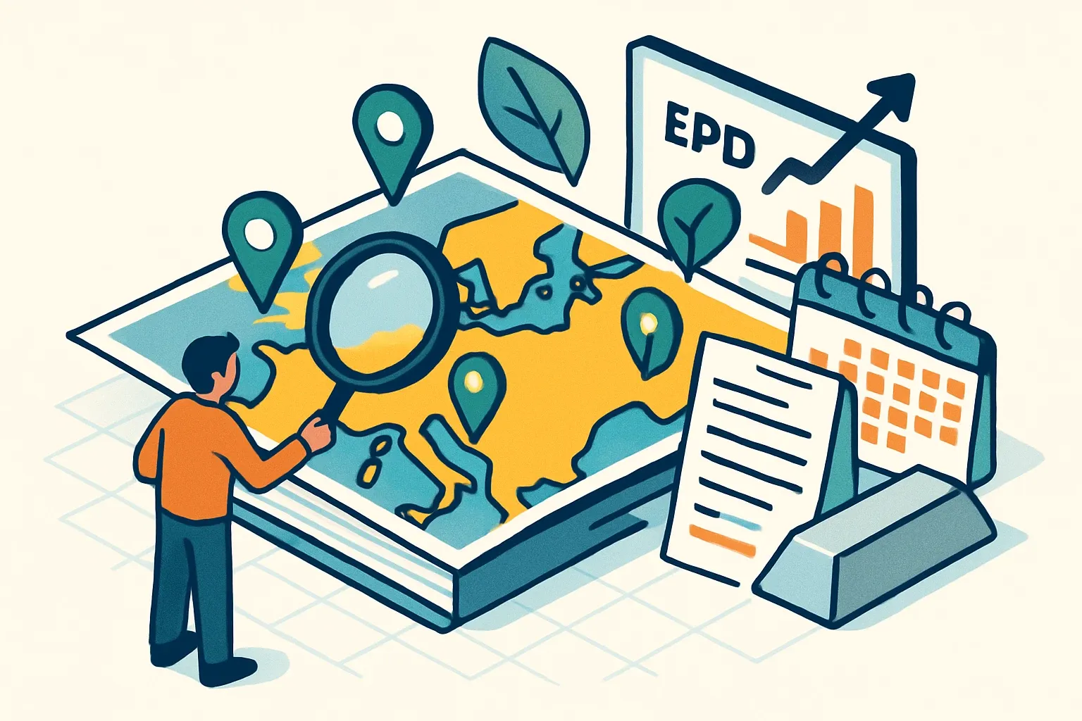 Generate an illustration for an article following this concept:

EPDs for Aluminium in Europe: The data-based guide
If 2026 is the year you plan to win more specs with aluminium products, this guide shows where the market already is and where it is heading. We mapped who is publishing, which PCRs dominate, when expiries hit, and how to choose a path that shortens time to a publishable EPD without drama.

Ensure that you use no text, as this illustration will be used on international translations of the article..

Use an illustrative style (e.g. isometic) and don't generate in a photorealistic style.