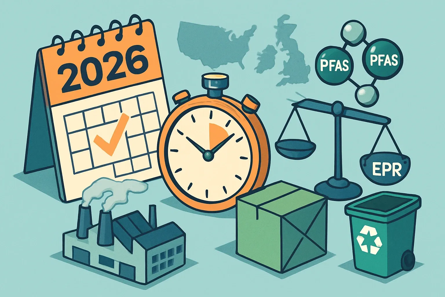 Generate an illustration for an article following this concept:

2026 Regulations Manufacturers Need To Watch Now
2026 is the year packaging, PFAS, and EPR rules stop feeling hypothetical and start shaping specs, margins, and timelines. If your team sells into the United States, the EU, or the UK, the clock just sped up. Here is the field guide to what actually takes effect, what is still phasing in, and how EPDs keep you in the bid room instead of on the bench.

Ensure that you use no text, as this illustration will be used on international translations of the article..

Use an illustrative style (e.g. isometic) and don't generate in a photorealistic style.