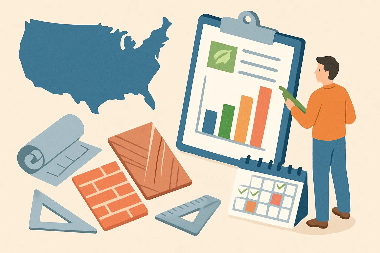 Generate an illustration for an article following this concept:

EPDs for Wall Finishes in the United States
Planning an Environmental Product Declaration for wall finishes, interior wall panels, or wallcoverings in 2026. Here is the definitive, numbers-first snapshot of who is publishing, which program operators dominate, the PCRs competitors pick, and when renewals will crowd calendars.

Ensure that you use no text, as this illustration will be used on international translations of the article..

Use an illustrative style (e.g. isometic) and don't generate in a photorealistic style.