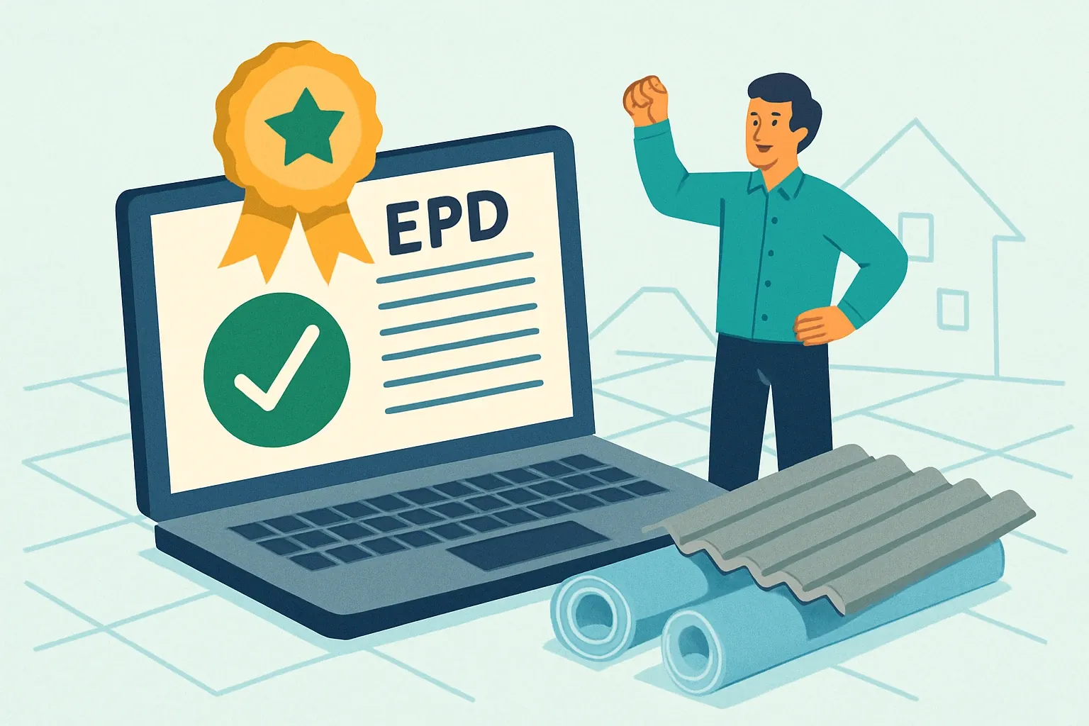 Generate an illustration for an article following this concept:

Congratulations, Eternit Baltic’s first EPD is live
Eternit Baltic has stepped onto the EPD stage. In September 2025, the company published a product‑specific Environmental Product Declaration for its 6 mm fiber‑cement corrugated sheets through EPD Hub. That single document turns a familiar roofing workhorse into a spec‑ready option on projects where verified numbers clear the way for faster approvals and fewer change‑outs.

Ensure that you use no text, as this illustration will be used on international translations of the article..

Use an illustrative style (e.g. isometic) and don't generate in a photorealistic style.