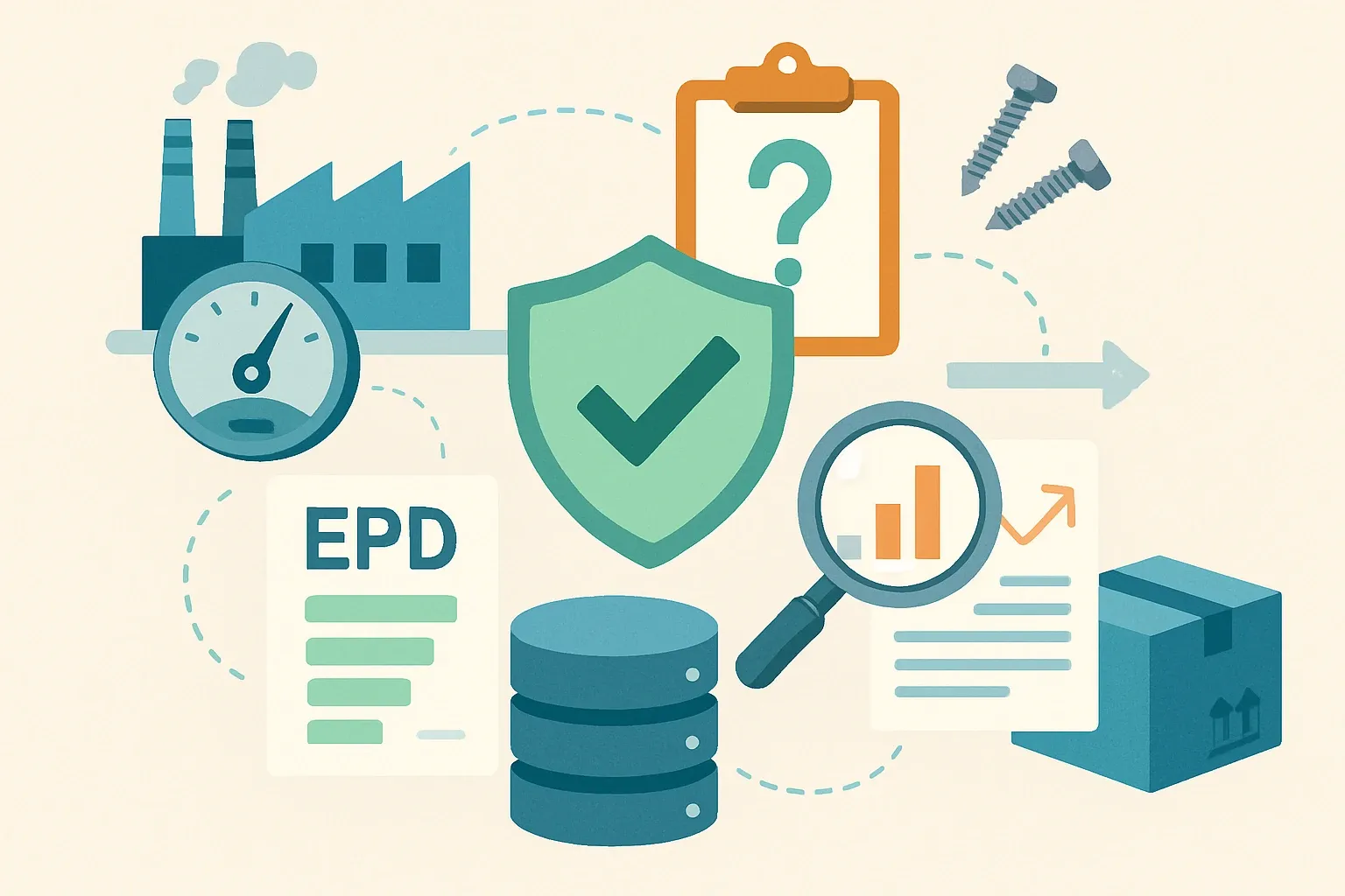 Generate an illustration for an article following this concept:

Defensible Assumptions When Primary EPD Data Is Missing
Missing plant meters. Unknown fastener specs. A supplier who replies next week, not today. EPD work still has to ship. The trick is using modeled or secondary data in a way a verifier can test quickly and a specifier can trust. Here is the playbook that keeps schedules tight while keeping claims defensible, not wishful.

Ensure that you use no text, as this illustration will be used on international translations of the article..

Use an illustrative style (e.g. isometic) and don't generate in a photorealistic style.