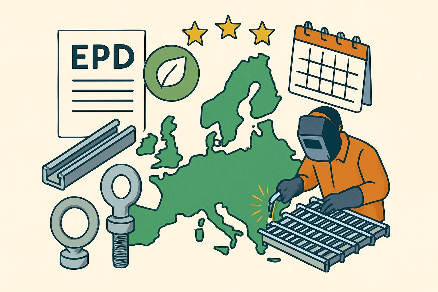 Generate an illustration for an article following this concept:

EPDs for Misc. Metal Fabrications in Europe
Planning an Environmental Product Declaration in 2026 for anchor channels, forged parts, gratings, or other fabricated steel components in Europe? Here is the most complete, data‑driven view we have right now so you can pick the right PCR, program operator, and timing without guesswork.

Ensure that you use no text, as this illustration will be used on international translations of the article..

Use an illustrative style (e.g. isometic) and don't generate in a photorealistic style.