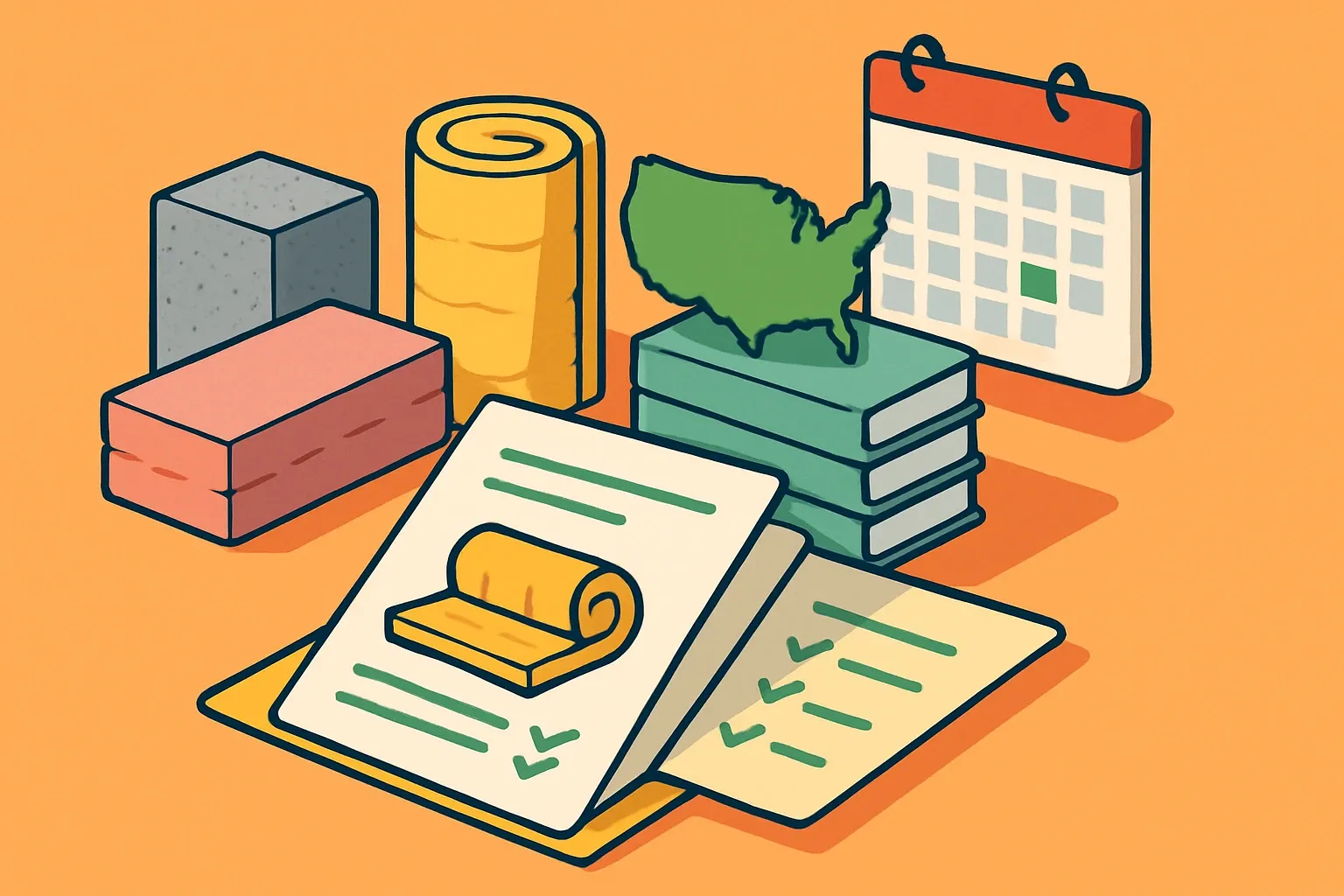 Generate an illustration for an article following this concept:

Blanket Insulation EPDs in the U.S. The ultimate guide
Planning an Environmental Product Declaration for blanket insulation, batt insulation, fiberglass blankets, or mineral wool batts in 2026? This guide distills the current U.S. landscape into practical takeaways, spotlighting who publishes most, which program operators dominate, which PCRs matter, and when expiries hit so you can time your next release with confidence.

Ensure that you use no text, as this illustration will be used on international translations of the article..

Use an illustrative style (e.g. isometic) and don't generate in a photorealistic style.