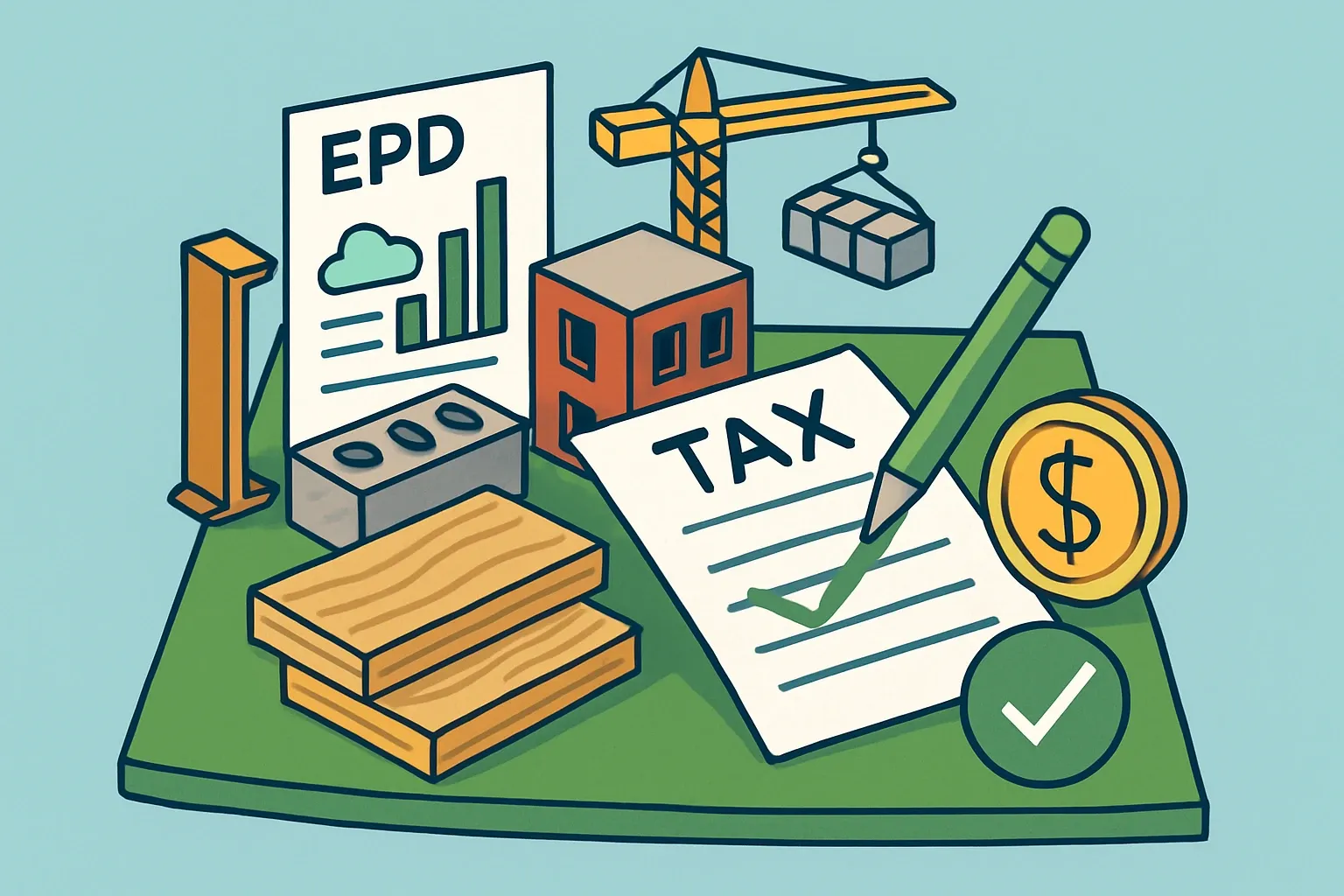 Generate an illustration for an article following this concept:

Colorado SB 22-051: Sales Tax Relief With EPDs
Colorado turned embodied carbon into a line item you can erase. Under SB 22-051, qualifying low carbon materials avoid the state sales and use tax if they are on the official list. The catch that is really an opportunity is simple. You need product specific EPDs that meet Colorado’s GWP limits and you need to get listed.

Ensure that you use no text, as this illustration will be used on international translations of the article..

Use an illustrative style (e.g. isometic) and don't generate in a photorealistic style.