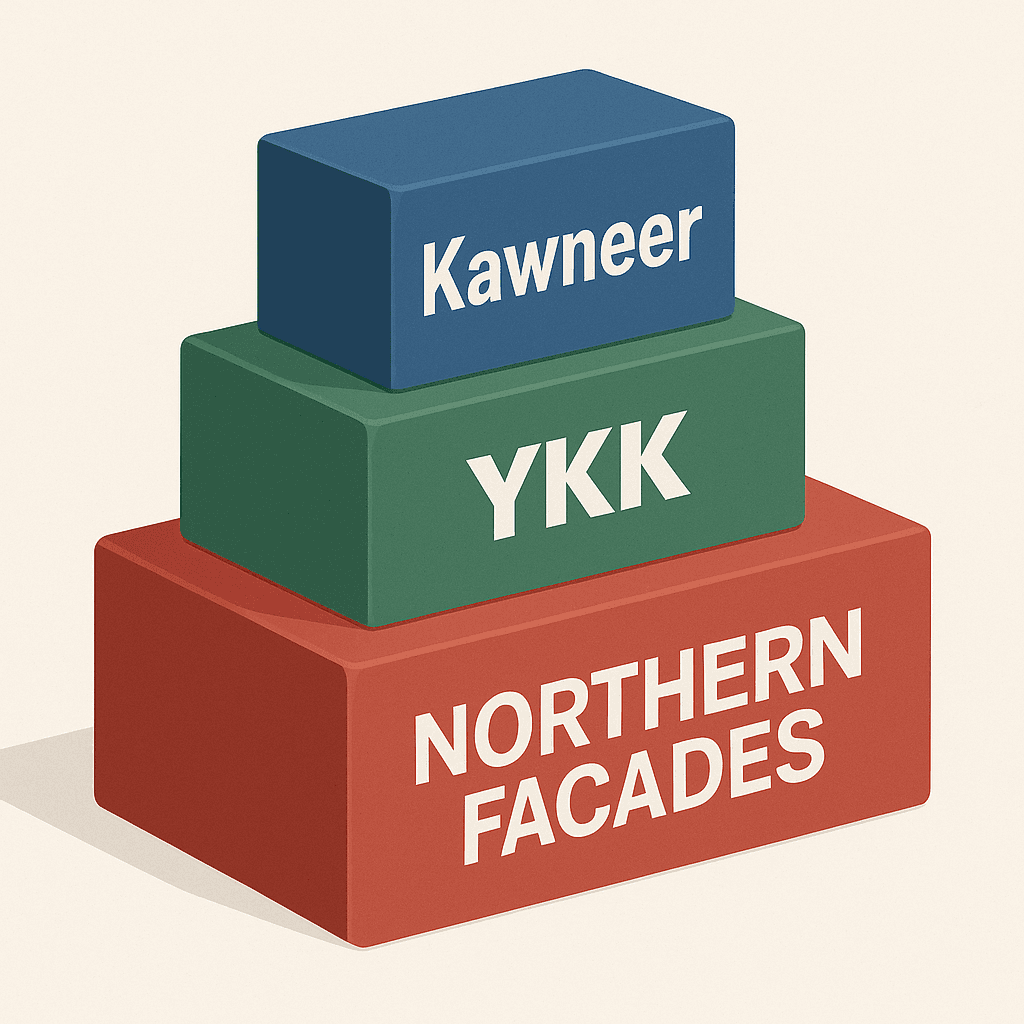 Illustration of three blocks going from biggest at the bottom to smallest at the top stacked on top of each other labeled Northern Facades, YKK, and Kawneer respectfully.