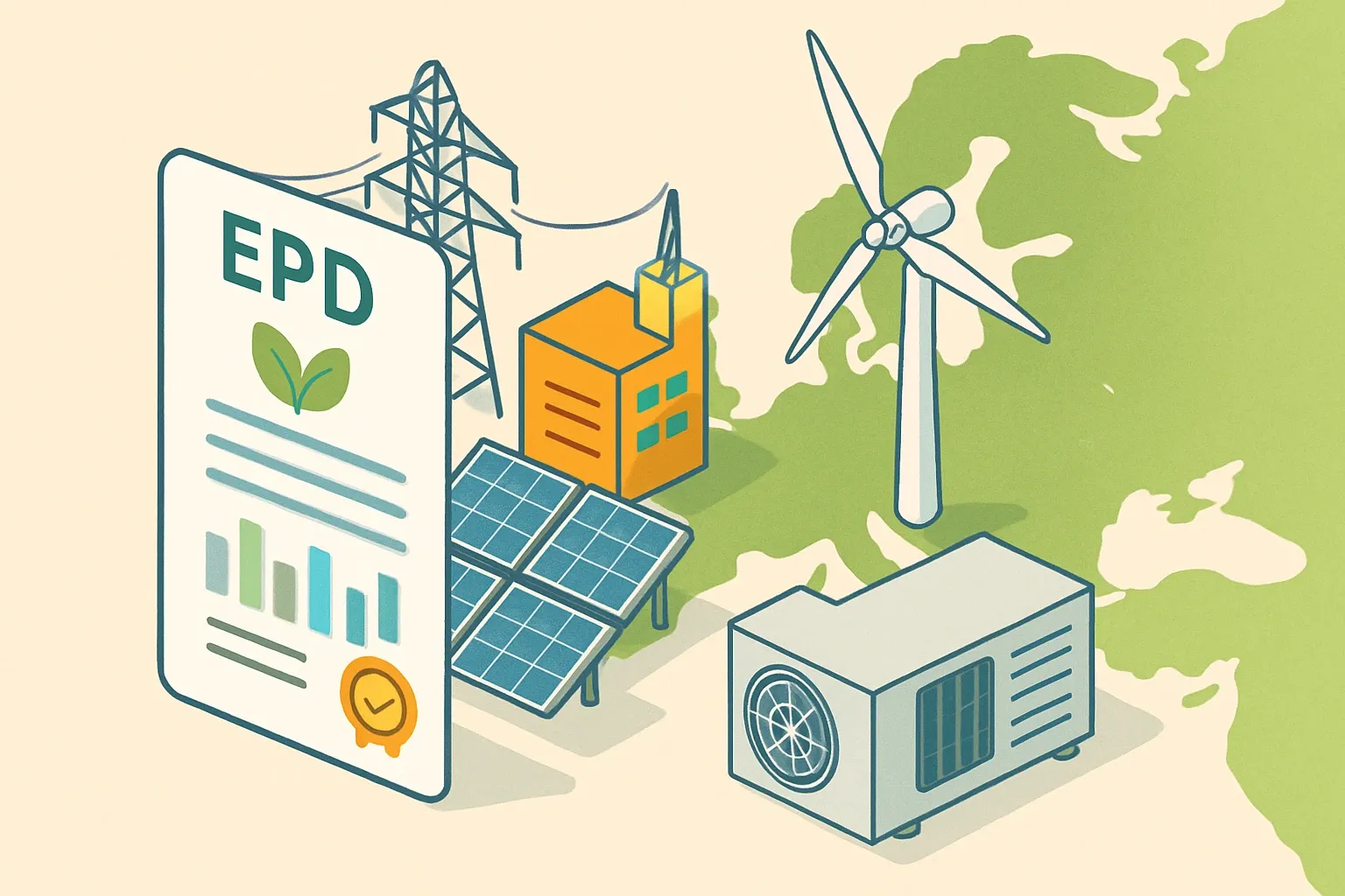 Generate an illustration for an article following this concept:

EPDs for Electrical Generation Equipment in Europe, the ultimate guide
Planning an EPD in 2026 for electrical generation equipment, HVAC units, or related building services products in Europe? This deep dive shows the real market shape, who publishes with whom, which PCRs dominate, and when competitor declarations will age out so you can time your launch and renewals wisely.

Ensure that you use no text, as this illustration will be used on international translations of the article..

Use an illustrative style (e.g. isometic) and don't generate in a photorealistic style.