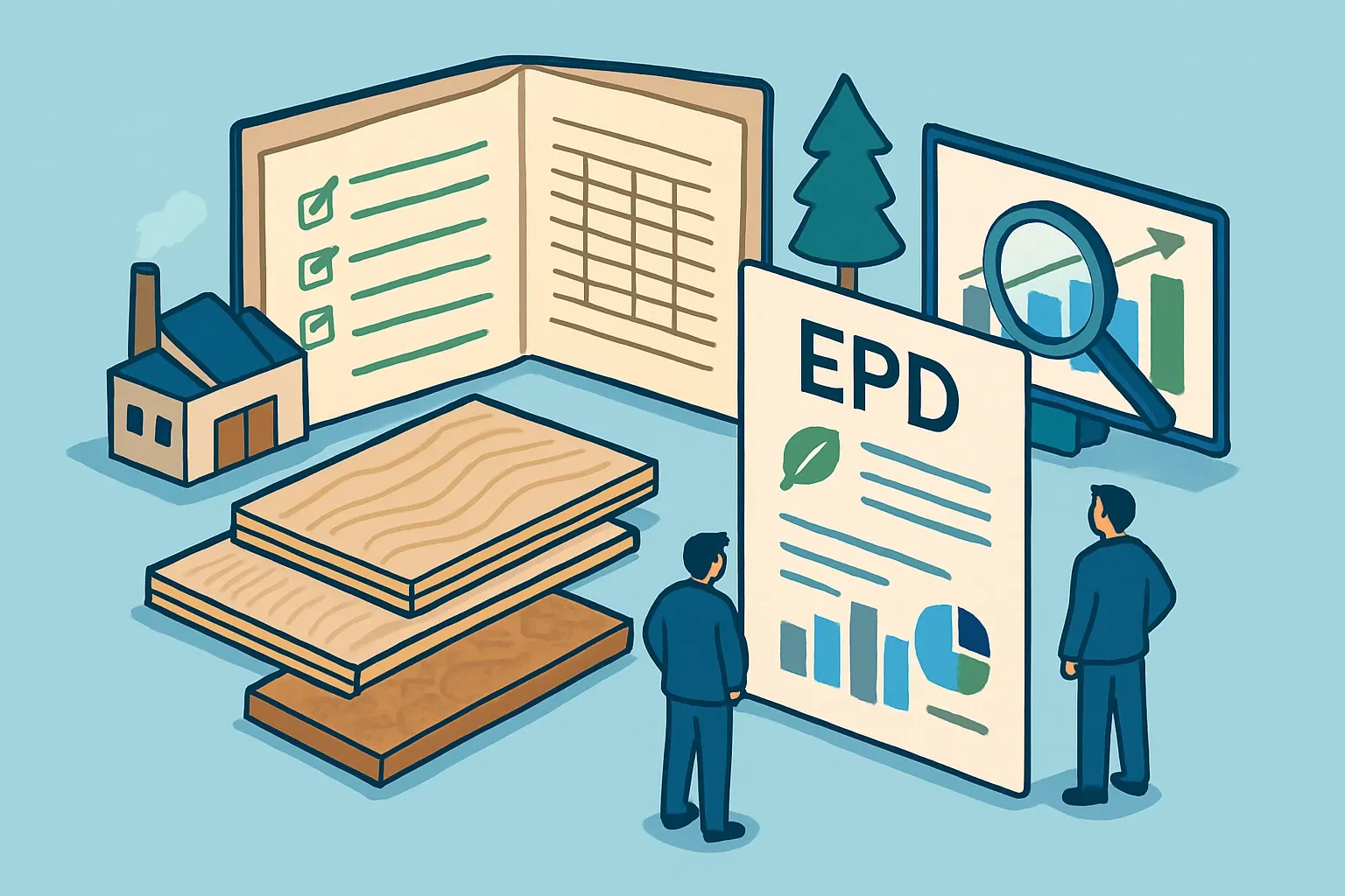 Generate an illustration for an article following this concept:

EPDs for Plywood and OSB Sheathing in the U.S.
Planning an EPD for plywood or OSB sheathing in 2026? This is the field guide manufacturers use to benchmark competitors, choose the most defensible PCR, and pick a program operator that matches go‑to‑market plans. It is short on fluff and long on the numbers that matter.

Ensure that you use no text, as this illustration will be used on international translations of the article..

Use an illustrative style (e.g. isometic) and don't generate in a photorealistic style.