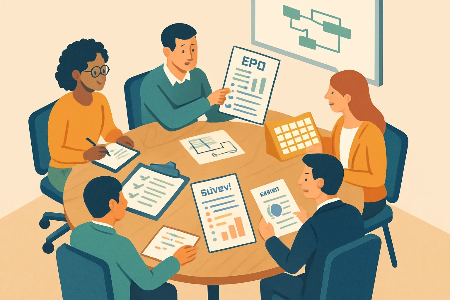 Generate an illustration for an article following this concept:

Architect Roundtables That Drive Your EPD Roadmap
EPDs are now a gatekeeper in many specs. Guessing which products to cover wastes time and budget. Architect feedback fixes that. Well run roundtables and surveys show where an EPD is a hard requirement, which segments push the hardest, and which missing documents actually block specification. Combine that signal with your calendar and you get an EPD plan that funds the right SKUs at the right time, not a spreadsheet of wishful thinking.

Ensure that you use no text, as this illustration will be used on international translations of the article..

Use an illustrative style (e.g. isometic) and don't generate in a photorealistic style.