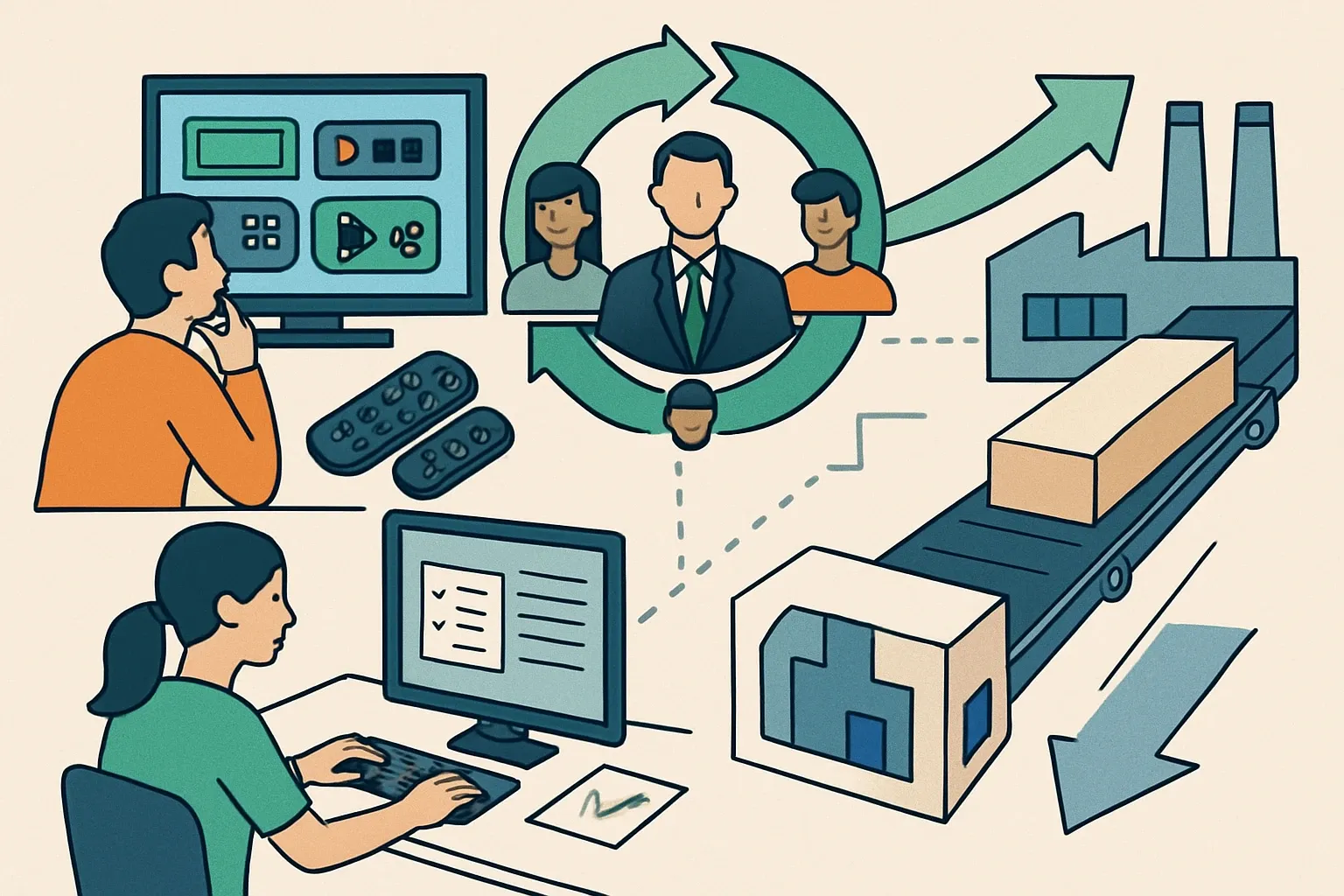 Generate an illustration for an article following this concept:

Program Operator Consortium, explained for manufacturers
If picking an EPD program operator feels like choosing a streaming service with too many bundles, you are not alone. The Program Operator Consortium sits in the background to reduce noise, harmonize rules, and make publication paths clearer so your team ships credible declarations without stalling product roadmaps.

Ensure that you use no text, as this illustration will be used on international translations of the article..

Use an illustrative style (e.g. isometic) and don't generate in a photorealistic style.
