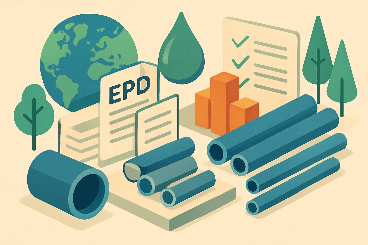 Generate an illustration for an article following this concept:

Plastic piping adds 22 new EPDs to the spec playbook
The Plastic Pipe and Fittings Association just published 22 industry‑average EPDs for common piping and conduit sizes. That single drop adds real momentum in a category where many bids still stall for lack of verified data and a clear PCR fit ([PPFA press release, 2025](https://www.prnewswire.com/news-releases/ppfa-releases-22-new-environmental-product-declarations-epds-for-plastic-pipe-and-fittings-products-302627263.html)).

Ensure that you use no text, as this illustration will be used on international translations of the article..

Use an illustrative style (e.g. isometic) and don't generate in a photorealistic style.