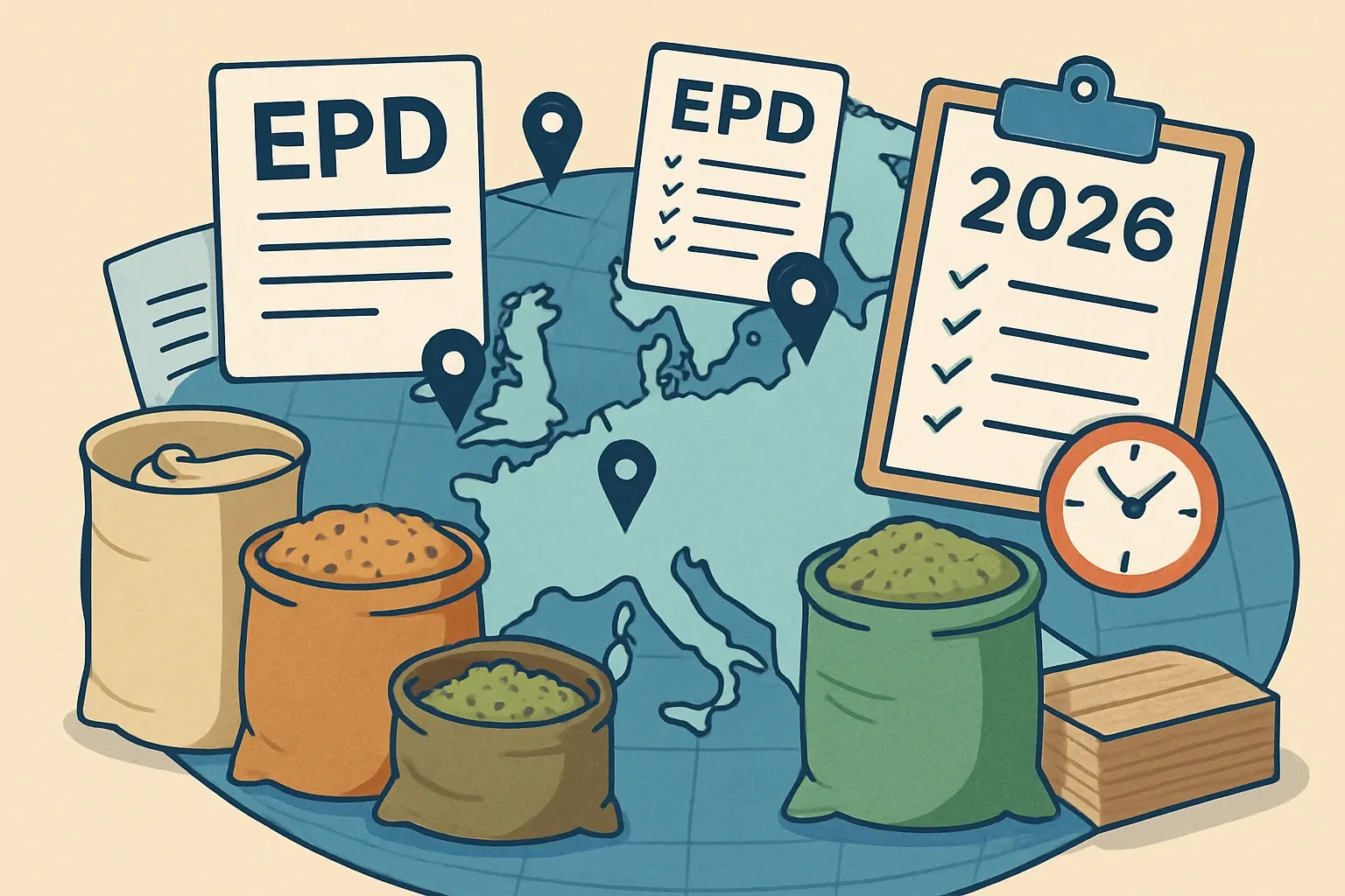 Generate an illustration for an article following this concept:

Blown‑in Insulation EPDs in Europe
If you make loose‑fill, blow‑in cellulose, mineral wool blowing wool, or wood‑fiber granulate, this 2026 guide shows the real EPD picture for Europe. We map who is publishing, which program operators and PCRs are actually used, and where expiries will bite, so product managers and spec leads can plan renewals with zero drama.

Ensure that you use no text, as this illustration will be used on international translations of the article..

Use an illustrative style (e.g. isometic) and don't generate in a photorealistic style.